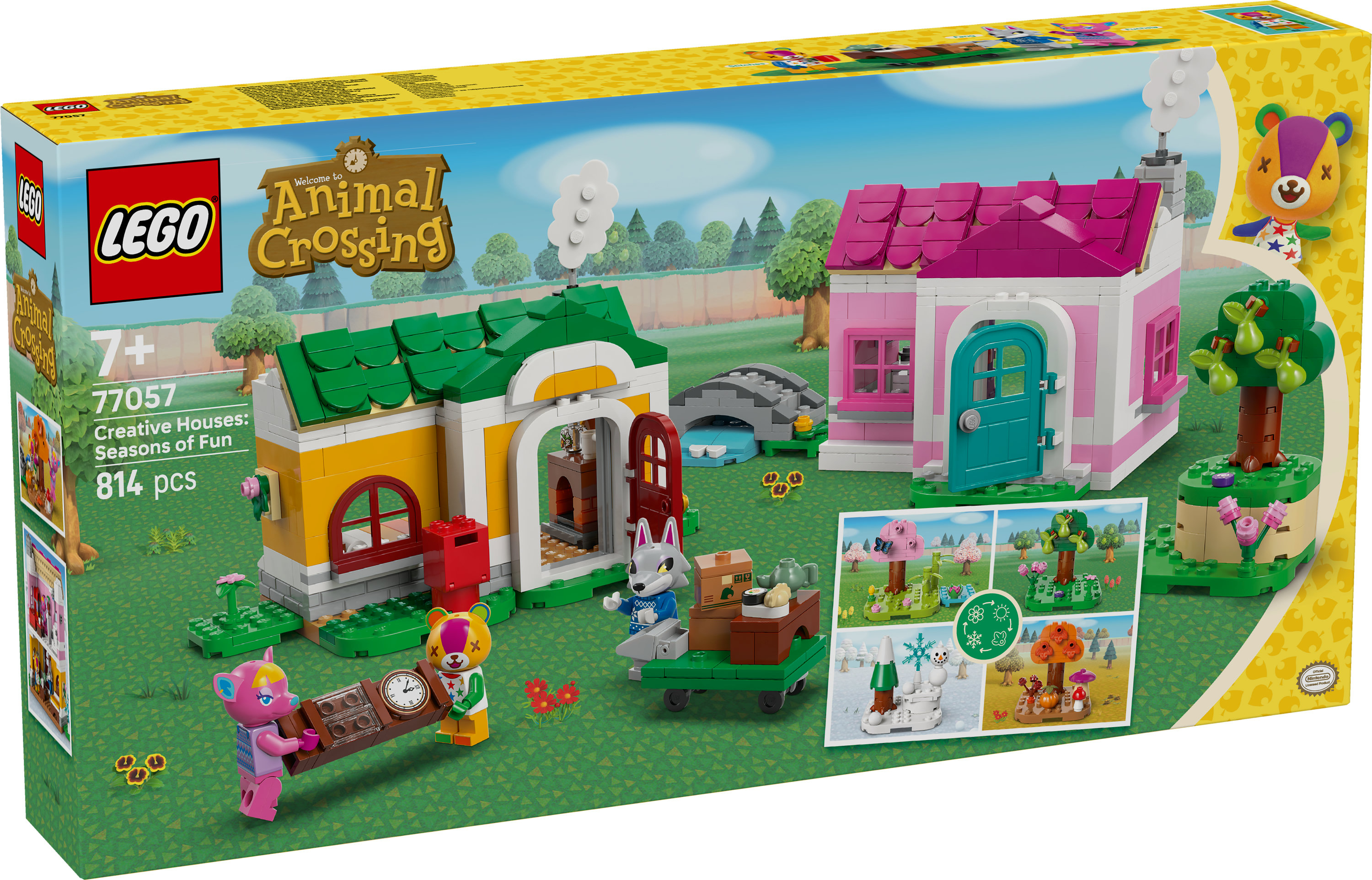 Caja del set de Lego de Animal Crossing. Muestra una casa amarilla y rosa, personajes y accesorios.