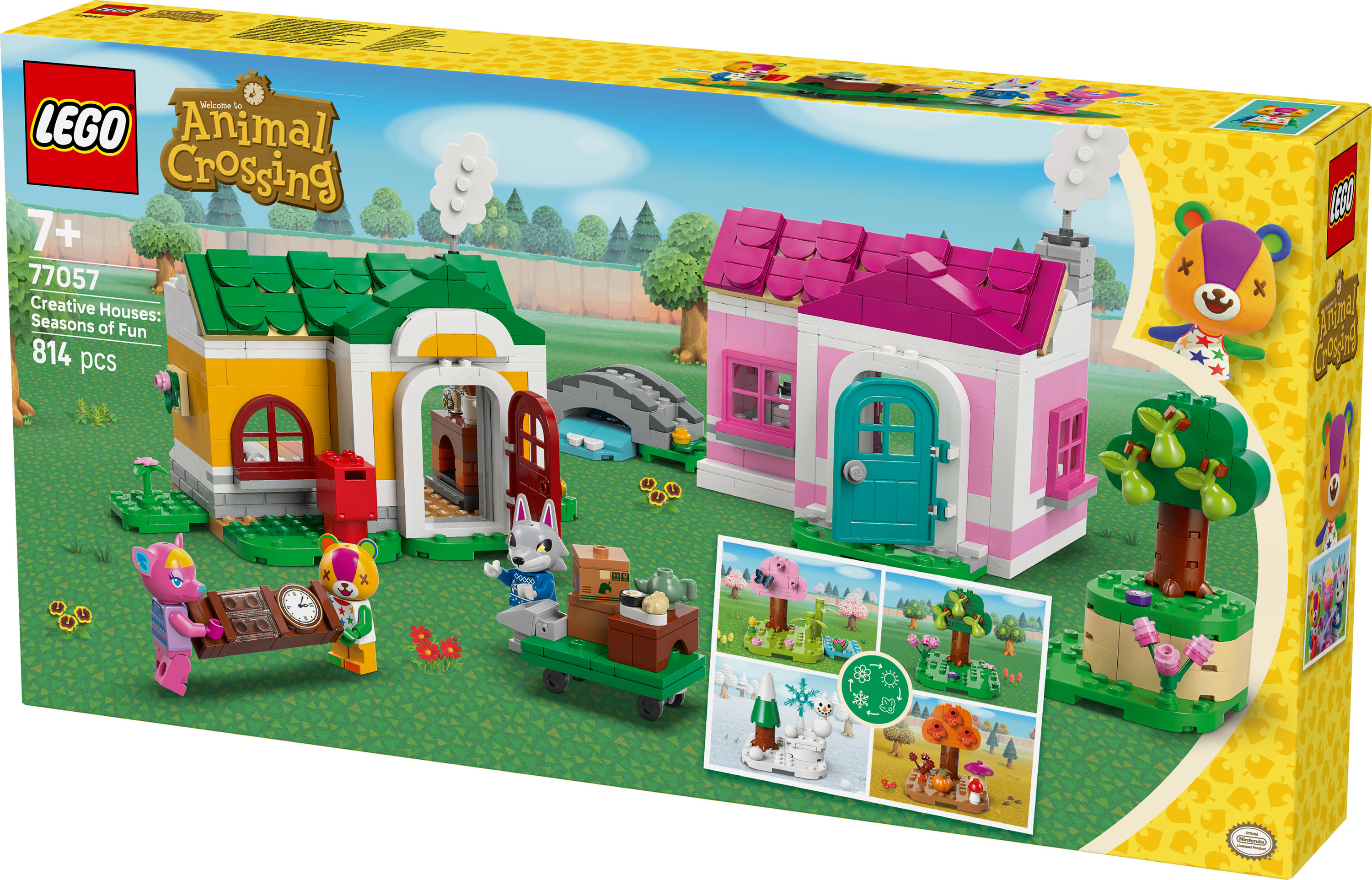 Un juego de caja Lego con tema Animal Crossing. Muestra casas, personajes y accesorios, con un diseño colorido y juguetón.