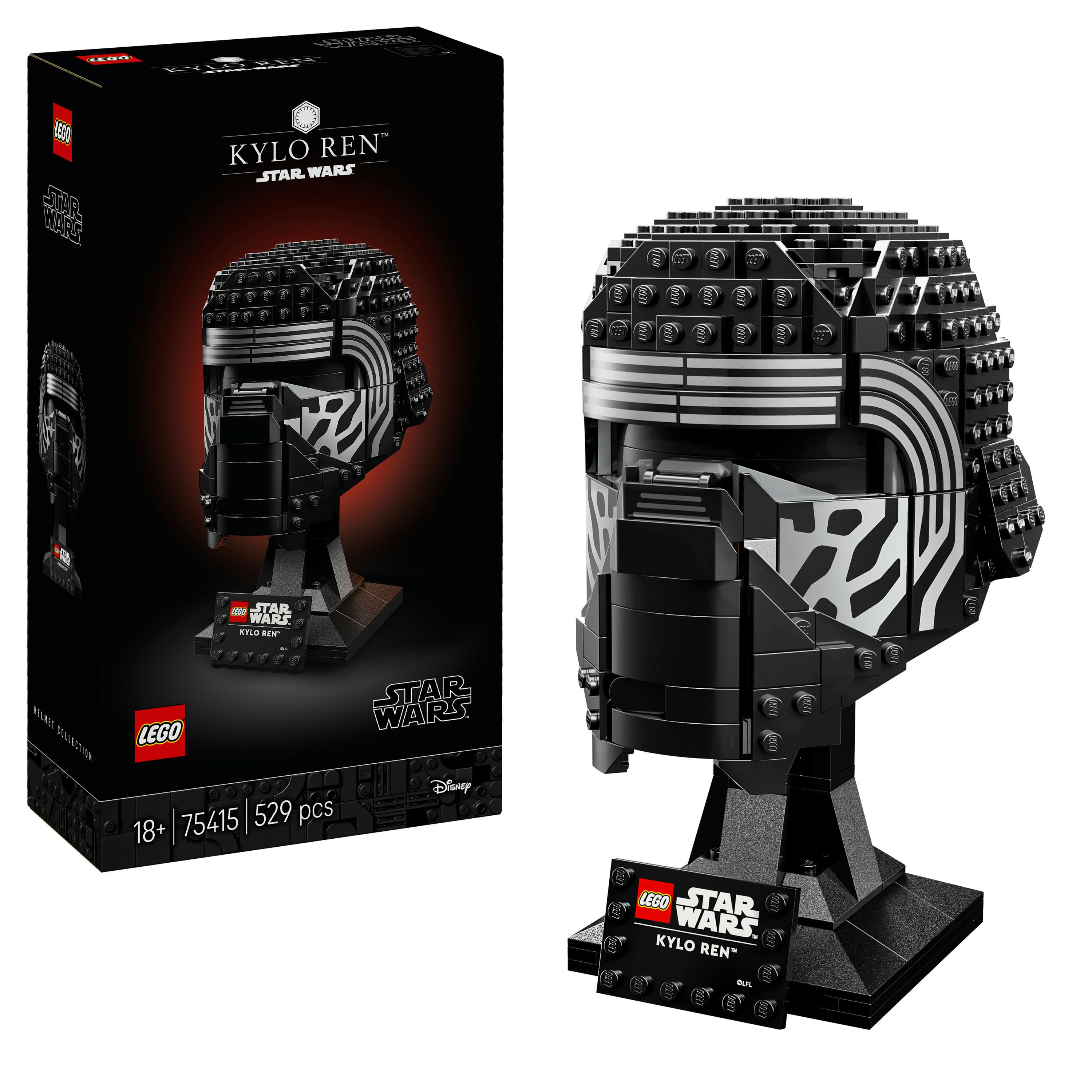 Zestaw LEGO Star Wars Kylo Ren. Pokazano pudełko i złożony hełm. Czarny hełm ze srebrnymi detalami.