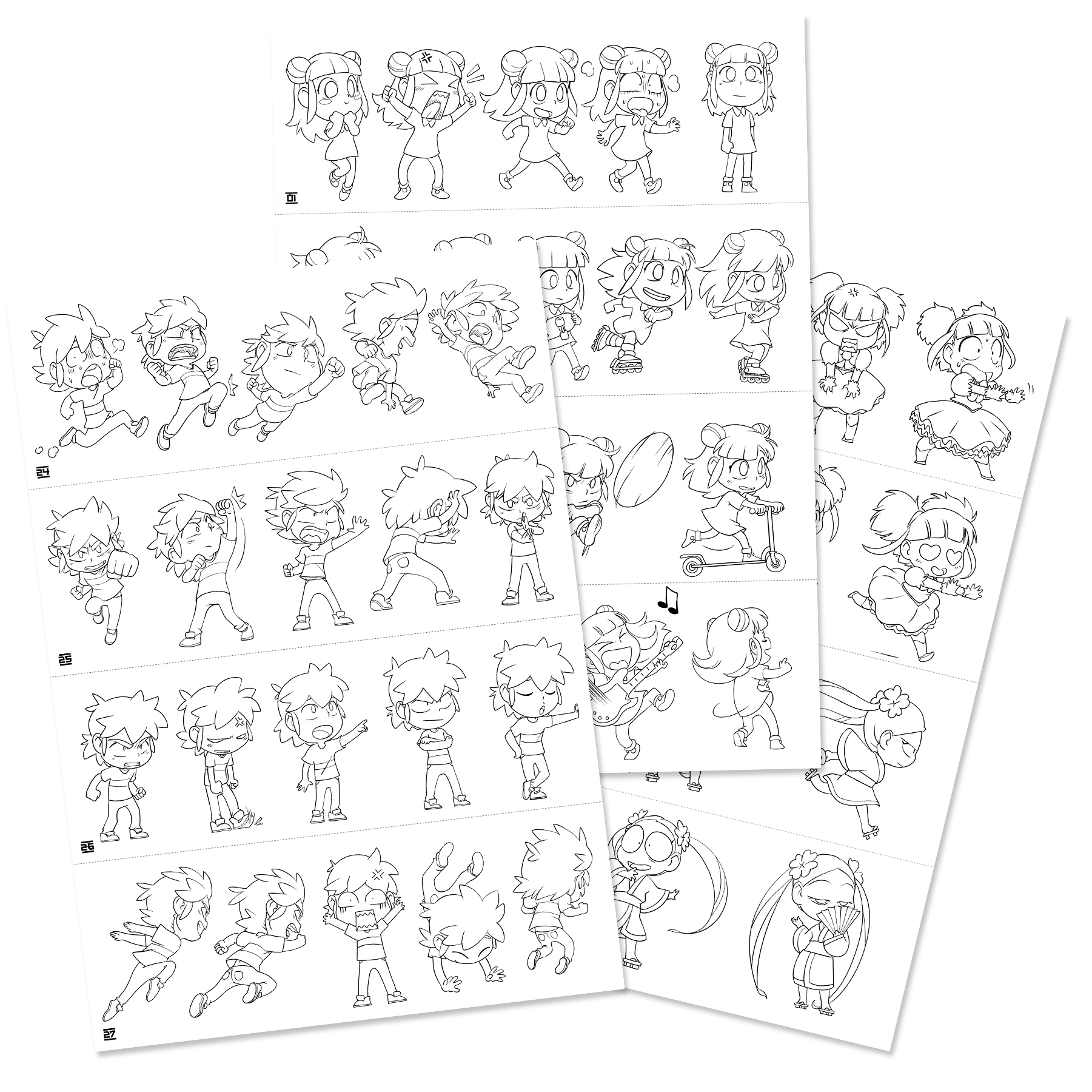 Rysunki linii różnych postaci z kreskówek w różnych pozach. Niektóre są złe, inne biegną, a inne jeżdżą na rolkach.