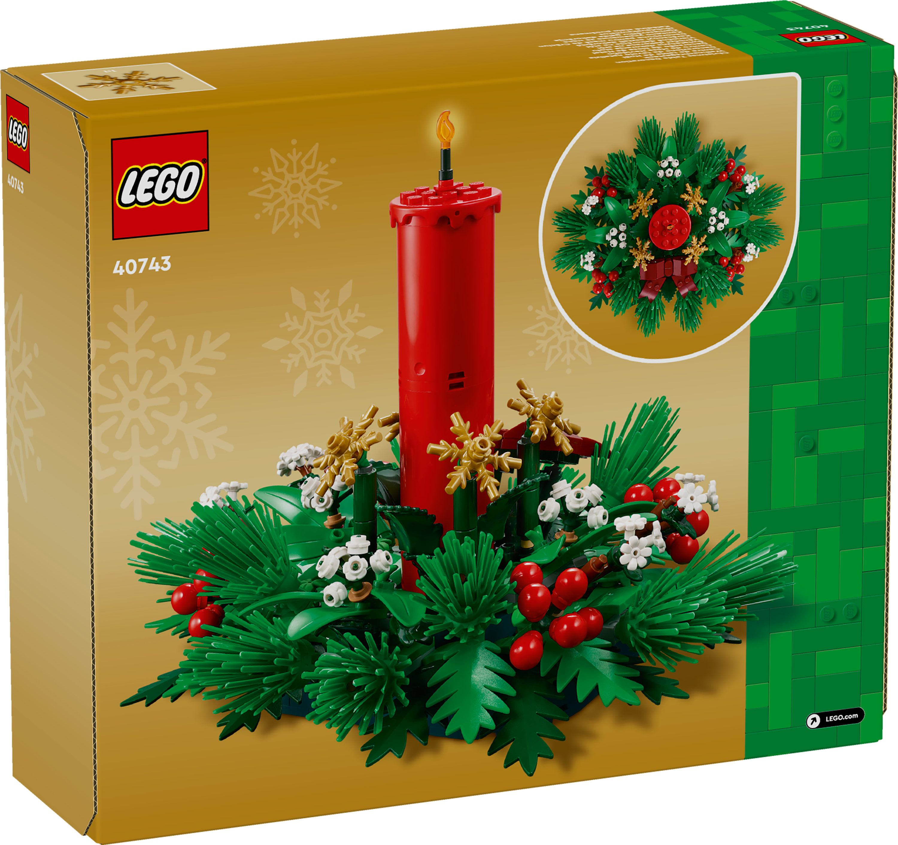 LEGO Noel seti kutusu. Alevli kırmızı bir mum, yeşil yapraklar, kırmızı meyveler ve altın detaylarla çevrili.