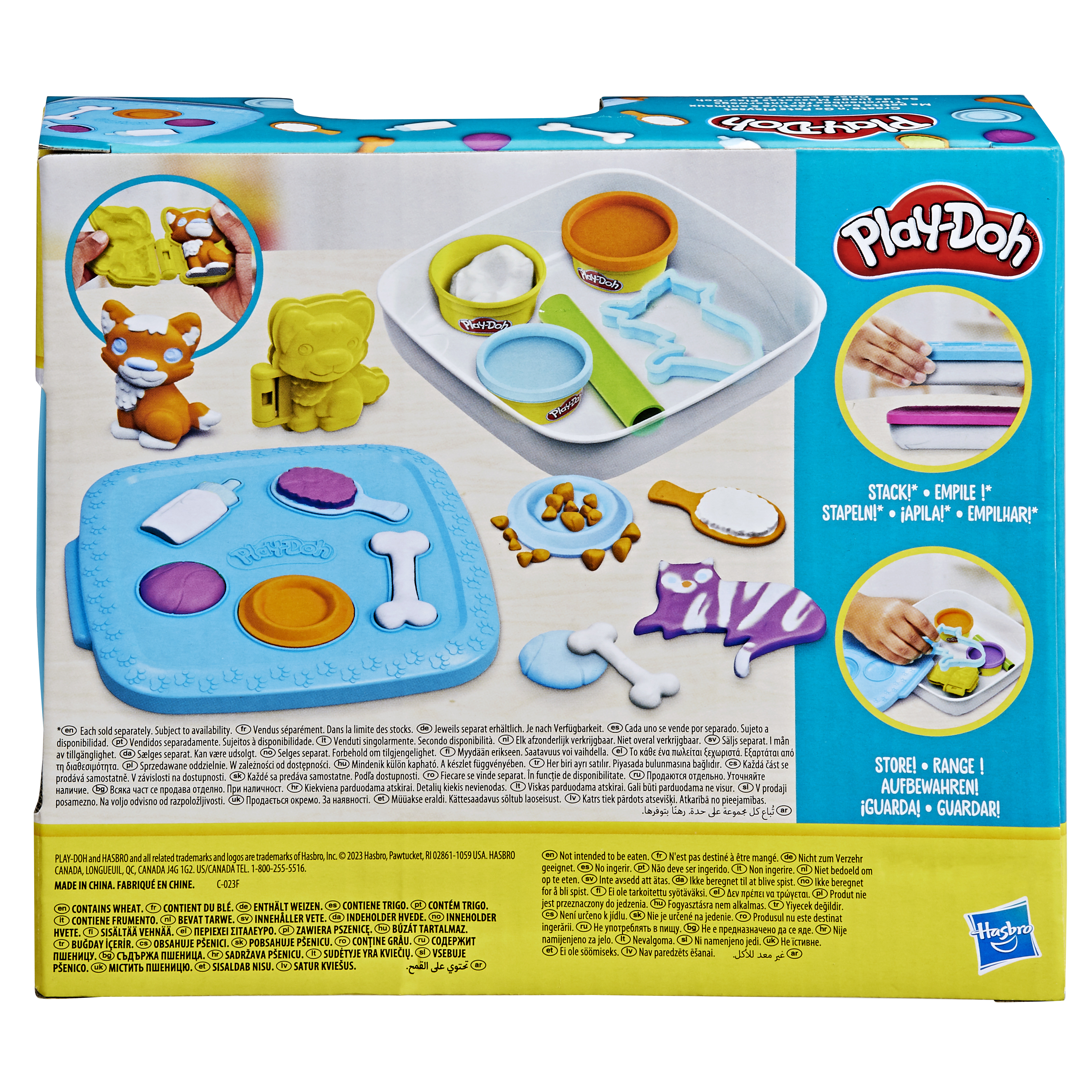 Pudełko Play-Doh z foremkami, pojemnikami Play-Doh i figurkami lisa i misia wykonanymi z Play-Doh.