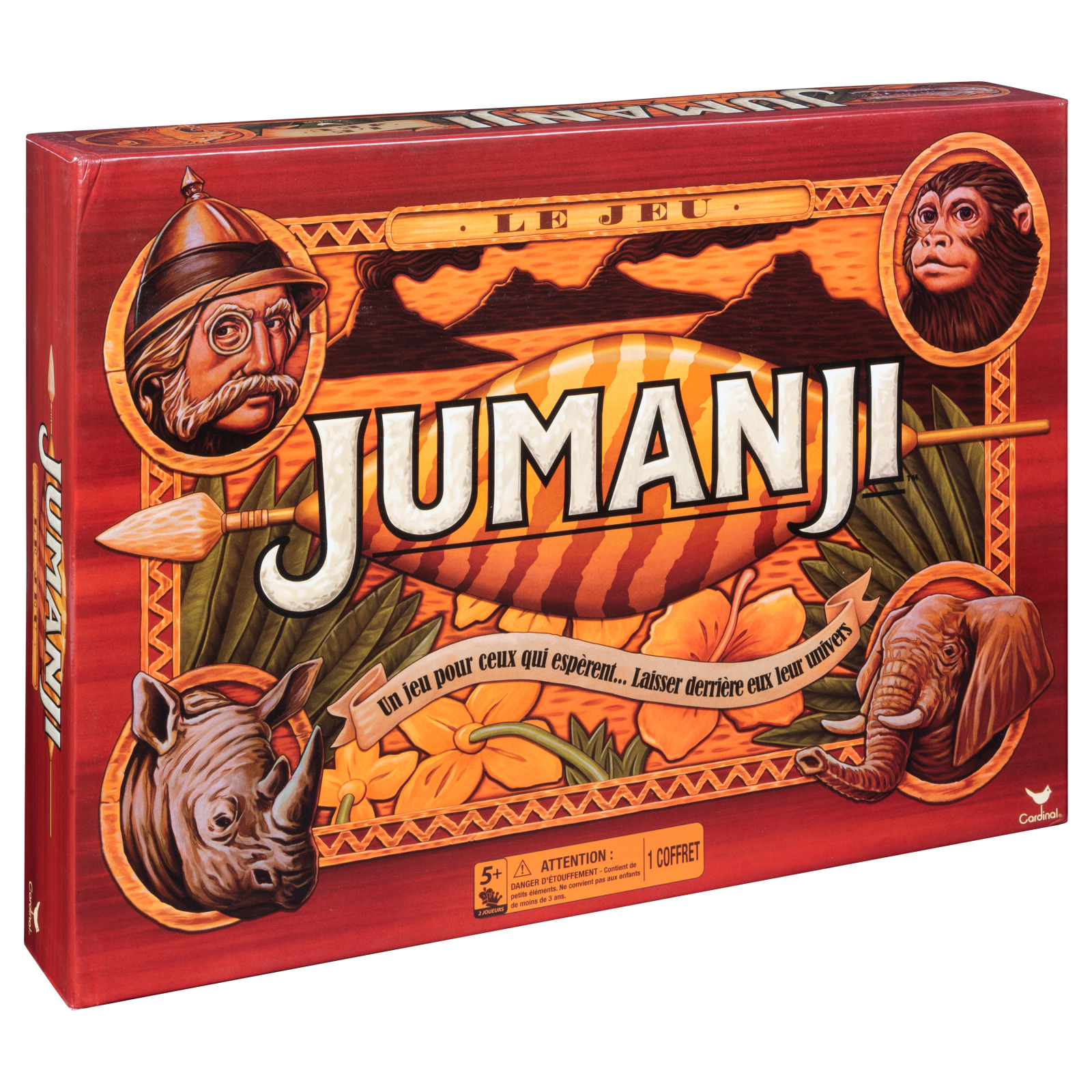 Jumanji-Brettspielbox mit Illustrationen eines Mannes, eines Affen, eines Nashorns und eines Elefanten. Der Titel steht groß.