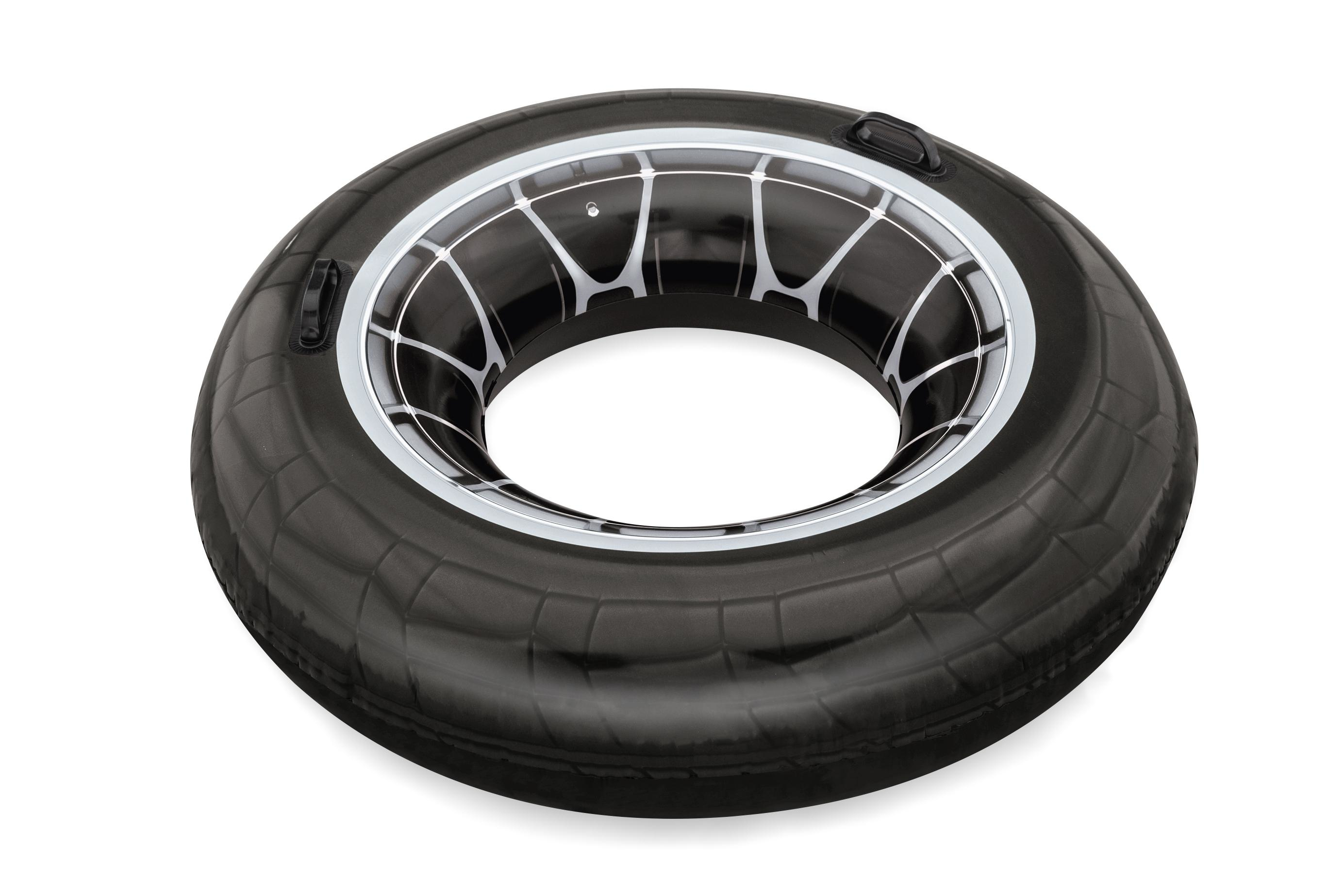A black inflatable tube, resembling a tire, with a white and silver inner design. Two handles are visible.
