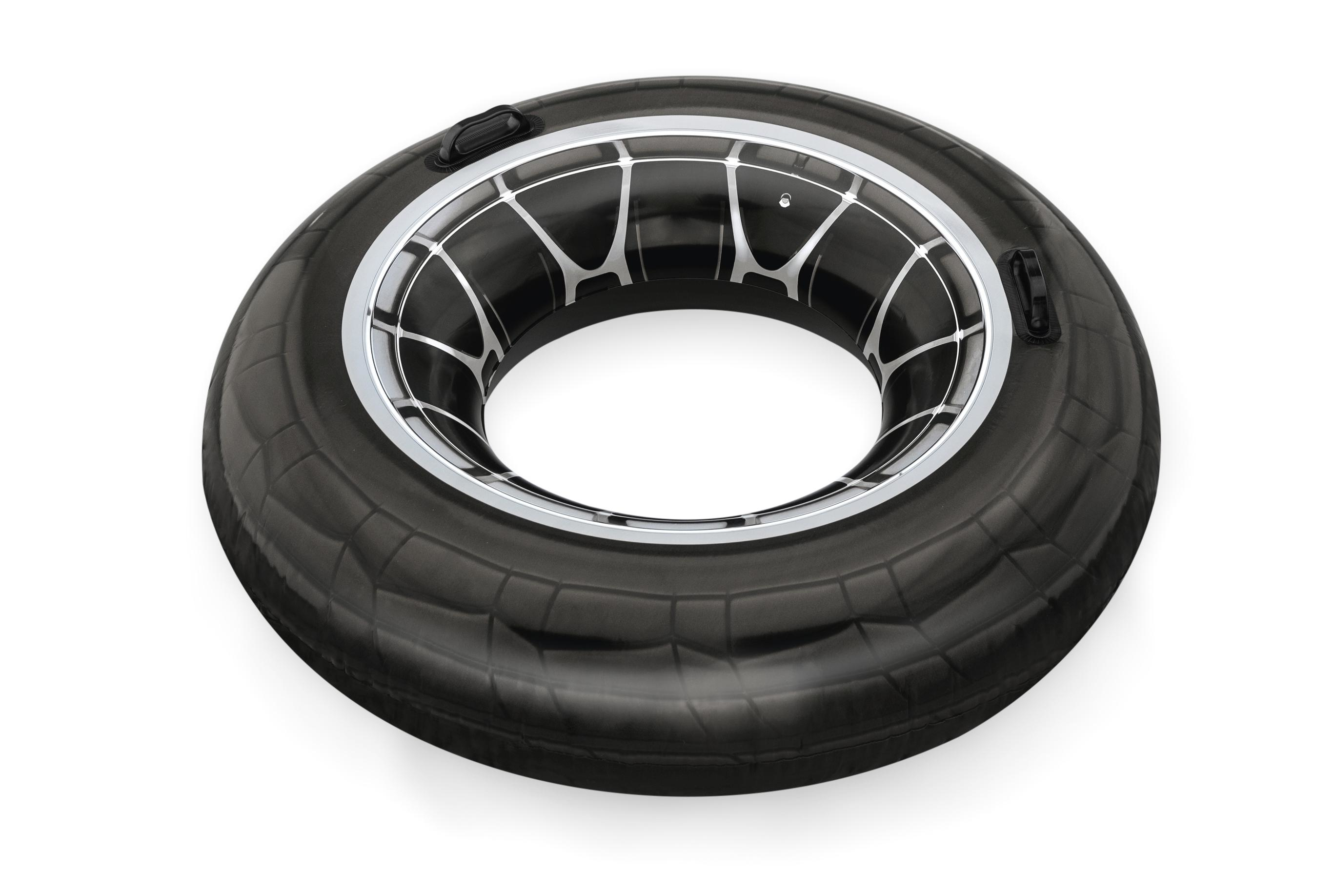A black inflatable tube with a silver and white rim, and black handles, sits on a white background.