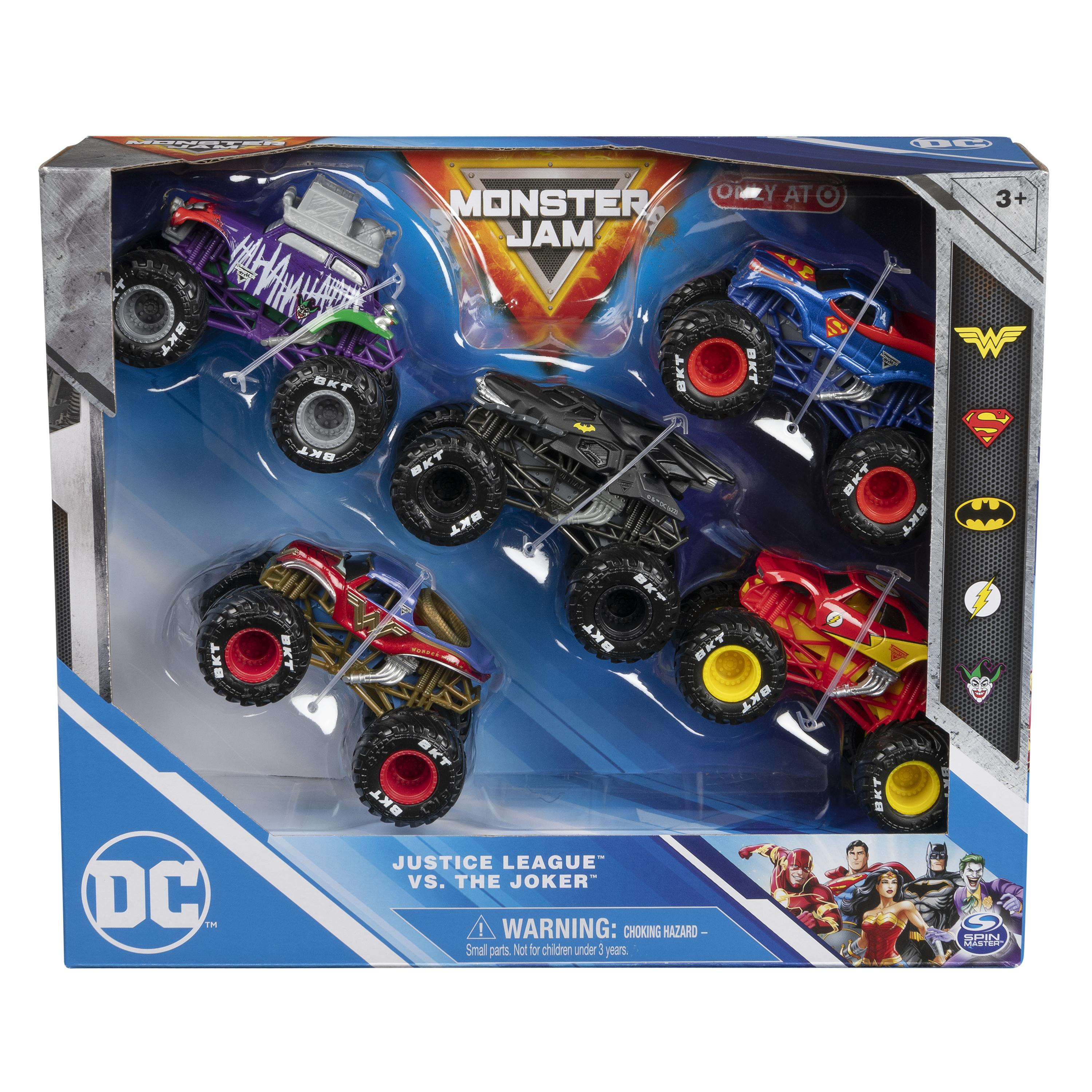 Ein Spielzeugset mit Justice League vs. Joker Monstertrucks in einer Box. Enthält Batman-, Superman- und Joker-Trucks.