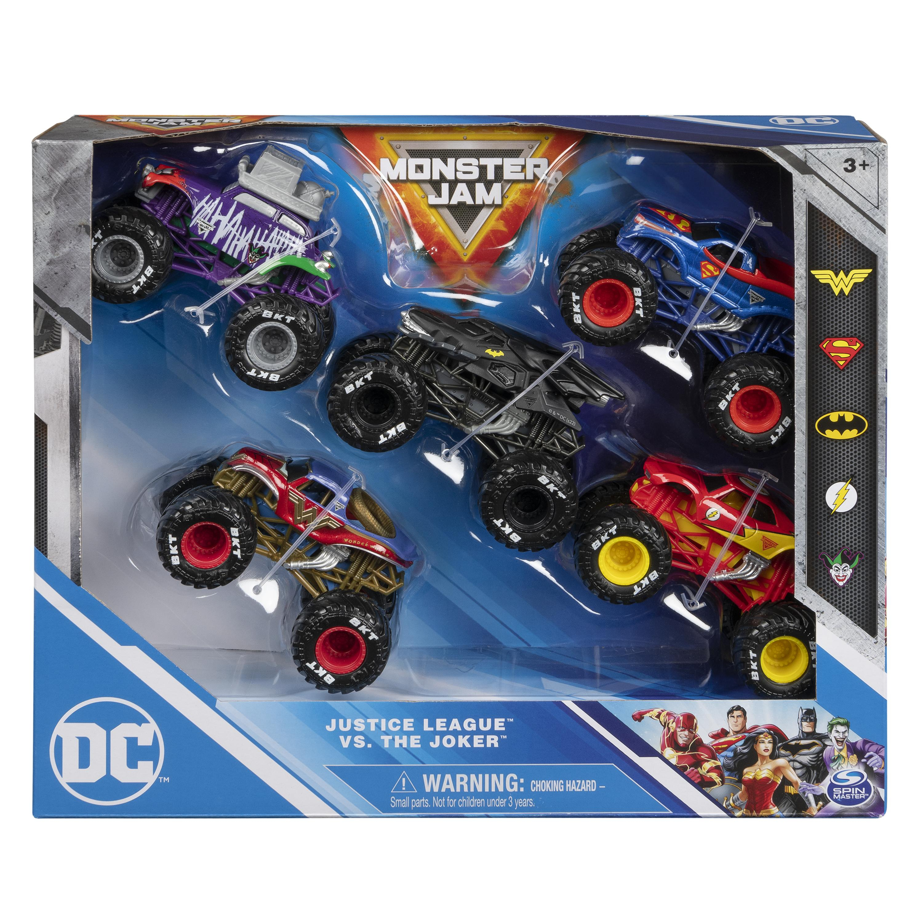 Ein Spielzeugset mit Justice League Monster Jam Trucks. Enthält Joker, Batman, Superman, Wonder Woman und The Flash.