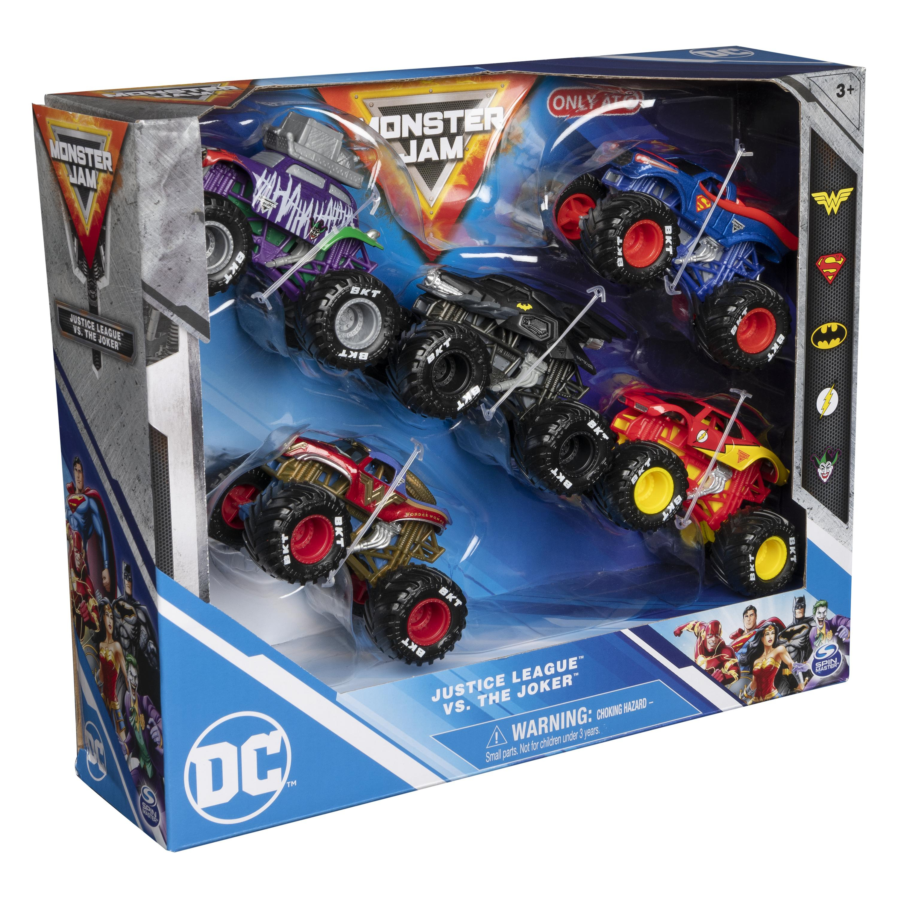 Verpacktes Set von Monster Jam Trucks, Justice League vs. The Joker. Enthält Superman-, Batman- und Joker-Trucks.