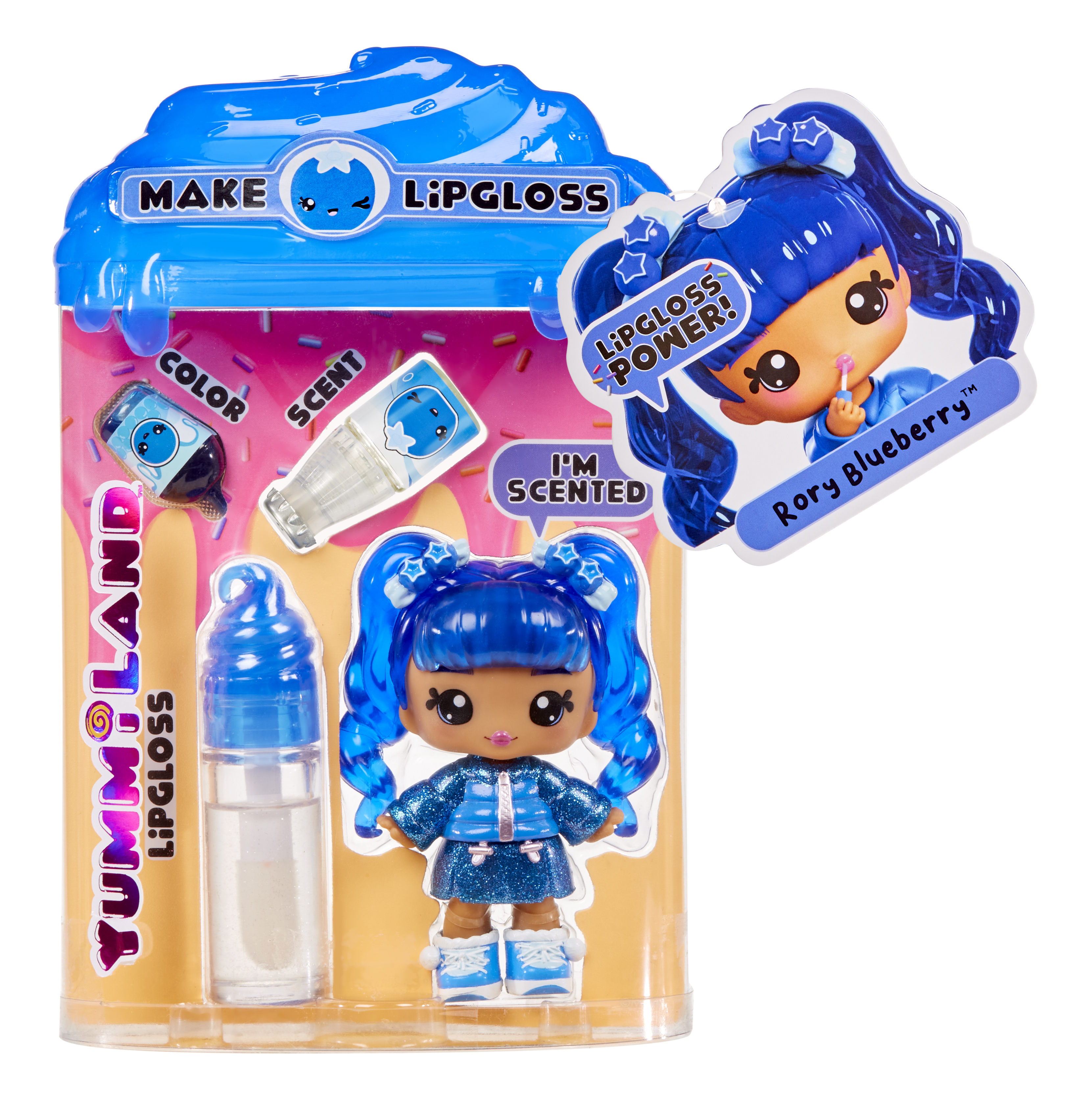Ein Yummi Land Lipgloss-Set. Es enthält eine Puppe, Lipgloss-Zutaten und einen Rory Blueberry-Aufkleber.