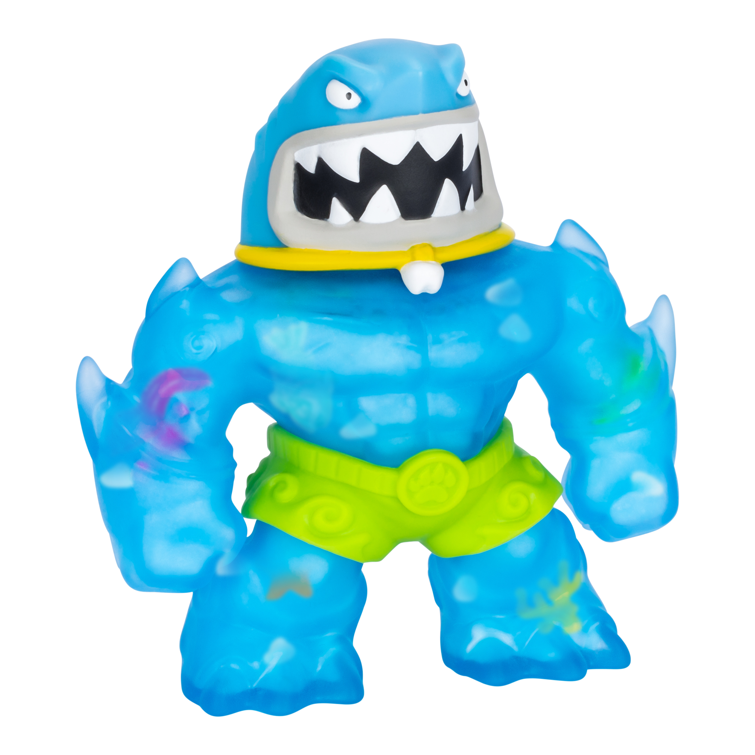 Ein blaues Monstermodell mit haifischähnlichem Kopf, weißen Zähnen und grünen Shorts. Es hat einen gelben Kragen.