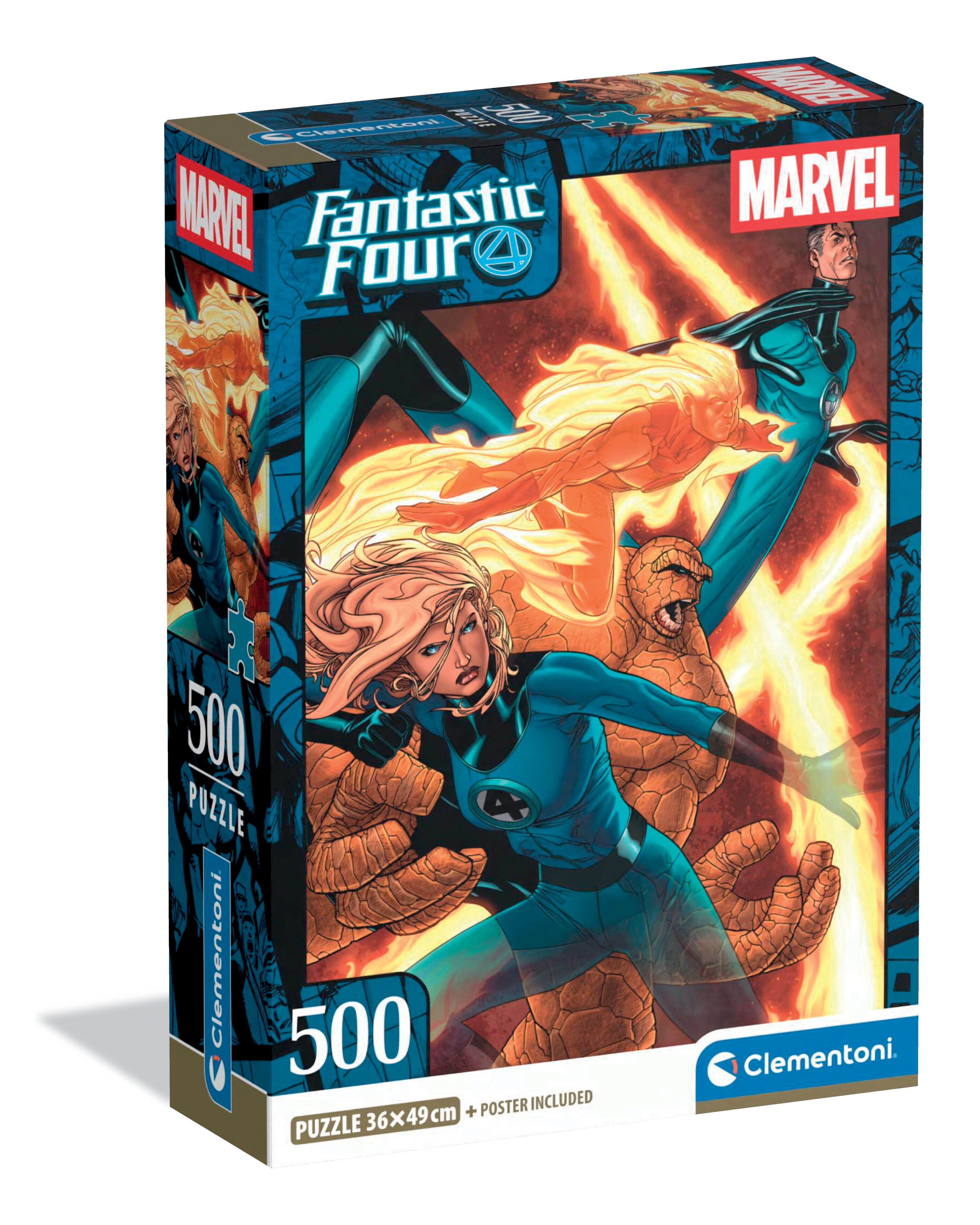 Una caja de rompecabezas de los Cuatro Fantásticos. Muestra al equipo en acción, con llamas y figuras rocosas. El logo Marvel es visible.