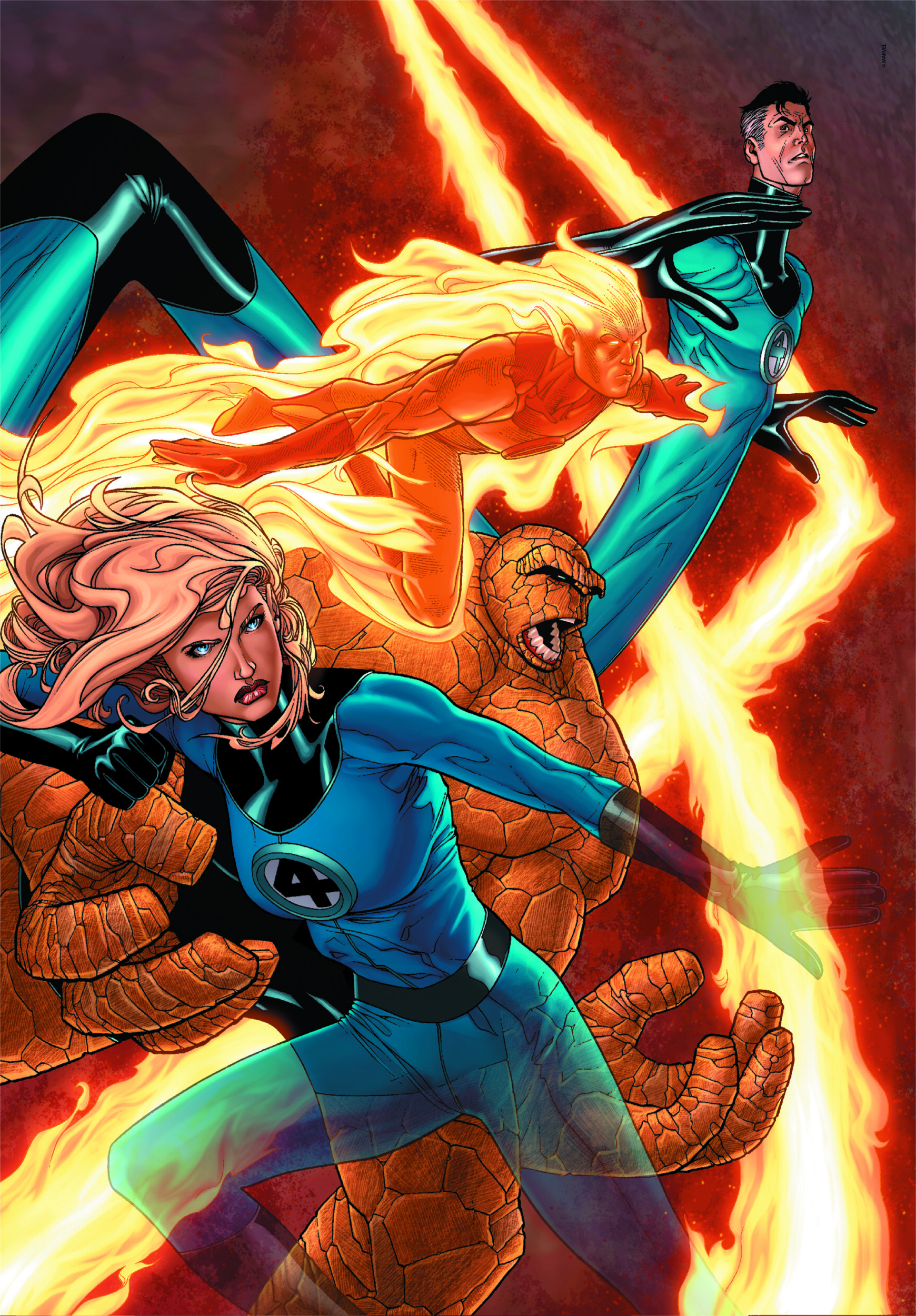 Portada de cómic con los Cuatro Fantásticos. Personajes: Mujer Invisible, Antorcha Humana, Cosa y Sr. Fantástico.