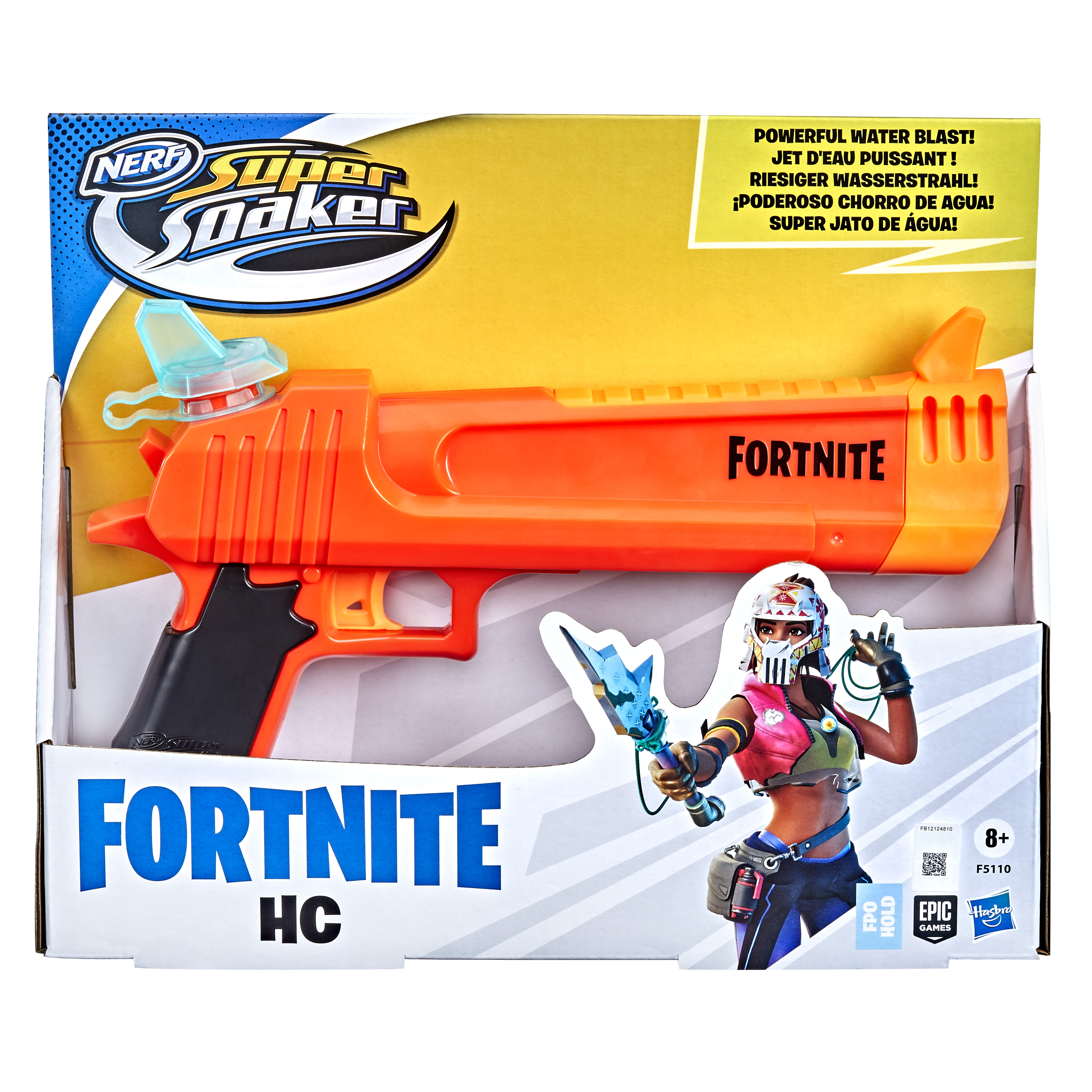 Pomarańczowy pistolet na wodę Fortnite Nerf Super Soaker znajduje się w pudełku. Ilustracja postaci znajduje się w prawym dolnym rogu.