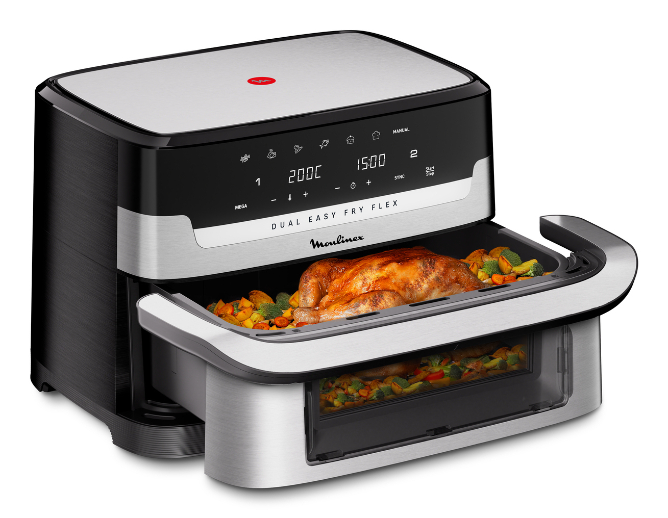 Frytownica powietrzna Moulinex Dual Easy Fry Flex z pieczonym kurczakiem i warzywami. Posiada wyświetlacz cyfrowy i elementy sterujące.