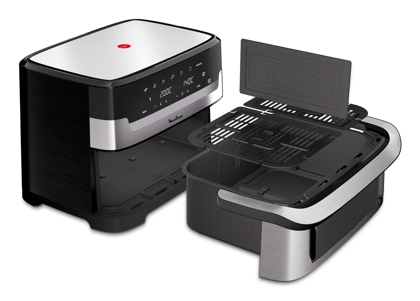 Frytownica beztłuszczowa z wyświetlonymi komponentami. Ma czarno-srebrny design z otwartym koszem pokazującym wewnętrzne części.