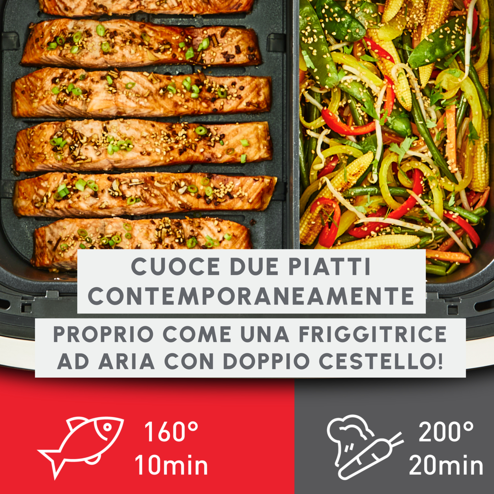 Obraz przedstawia łososia i warzywa w podwójnym koszu frytkownicy. Tekst mówi: 'Gotuje dwa dania jednocześnie'.