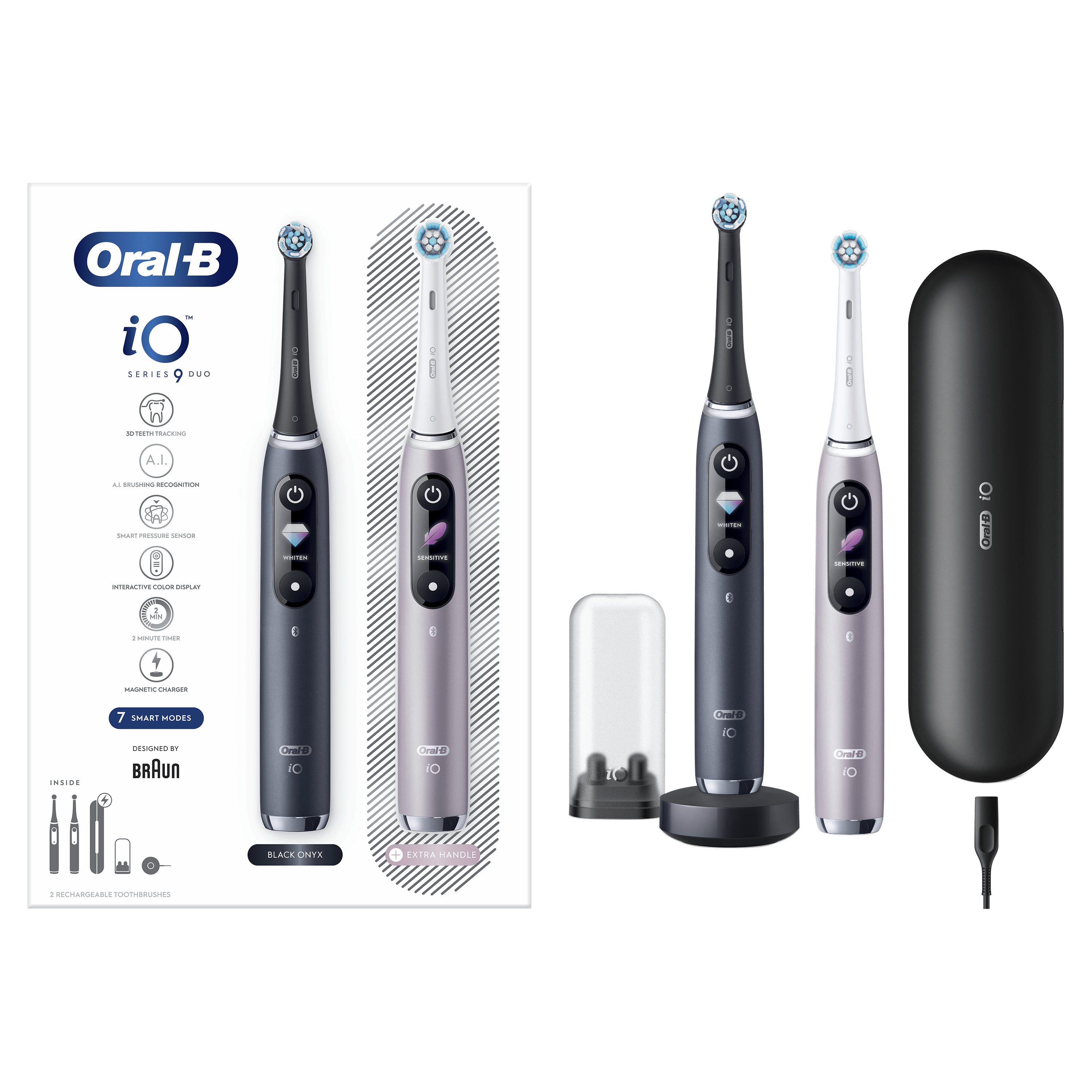 Das Bild zeigt ein Oral-B iO Series 9 Duo elektrisches Zahnbürsten-Set mit zwei Zahnbürsten und Zubehör.