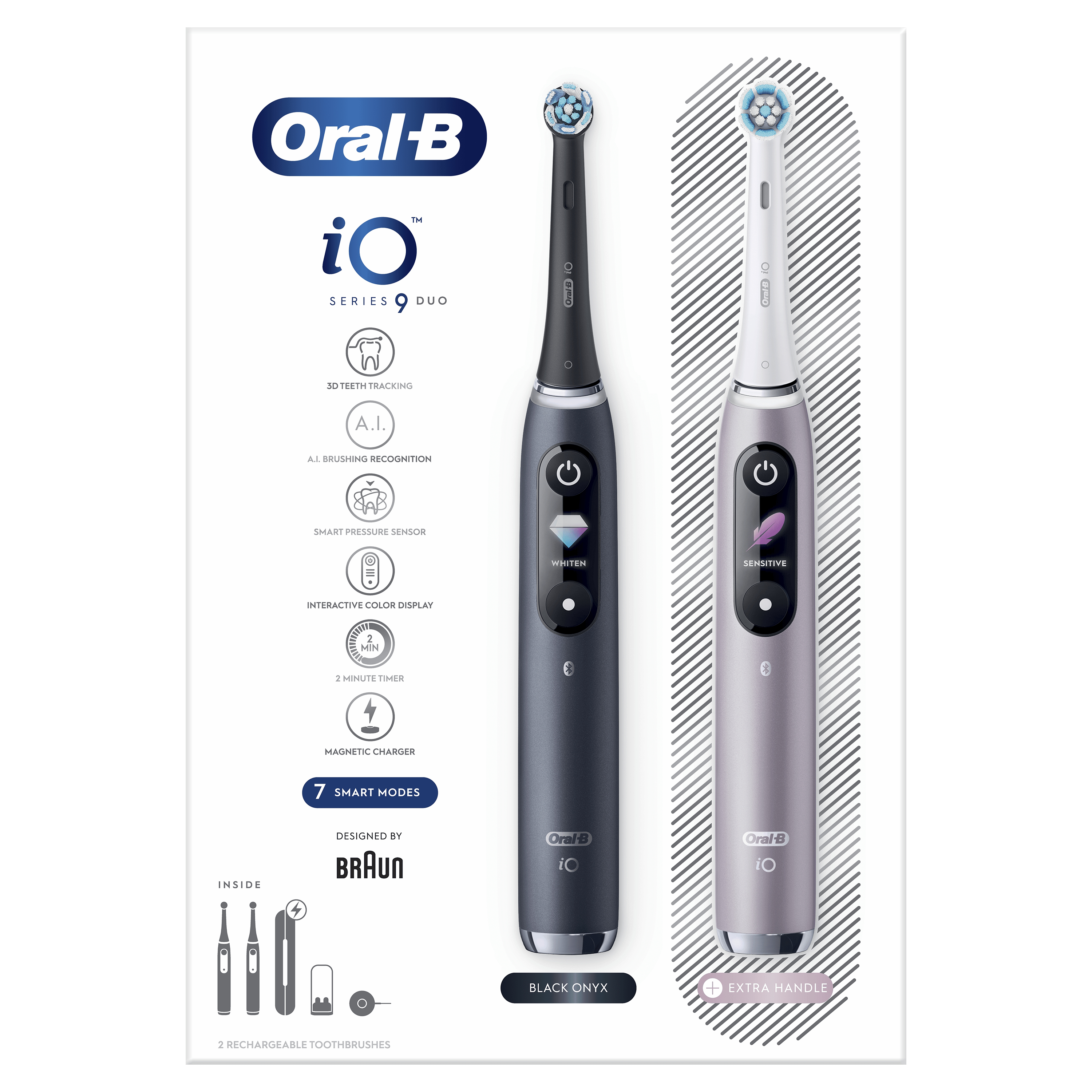 Das Bild zeigt zwei elektrische Zahnbürsten der Oral-B iO Series 9, schwarz und lavendelfarben, mit Funktionen und Branding.