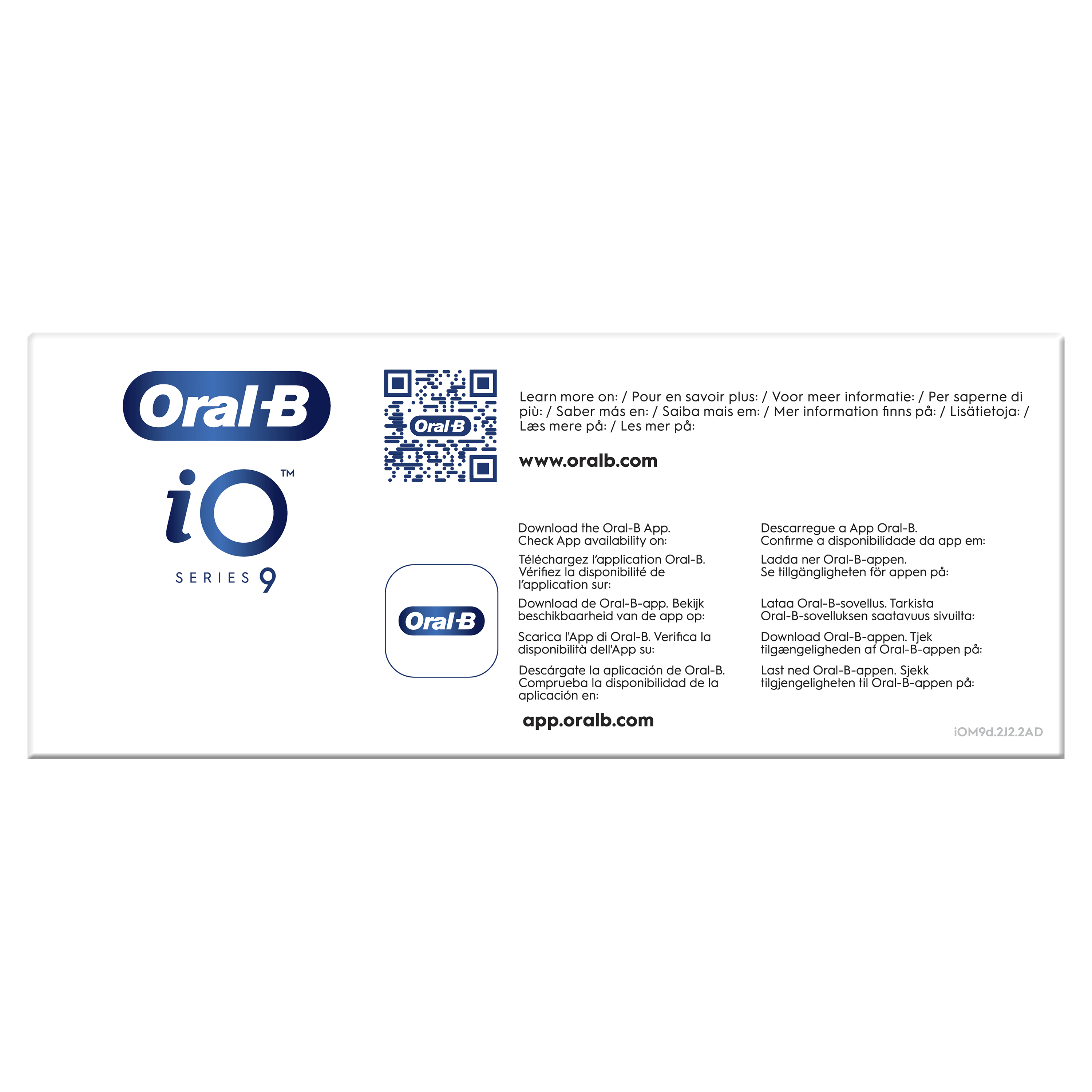 Das Bild zeigt das Oral-B-Logo und Text für die iO-Serie 9. Es enthält auch QR-Codes und App-Download-Informationen.