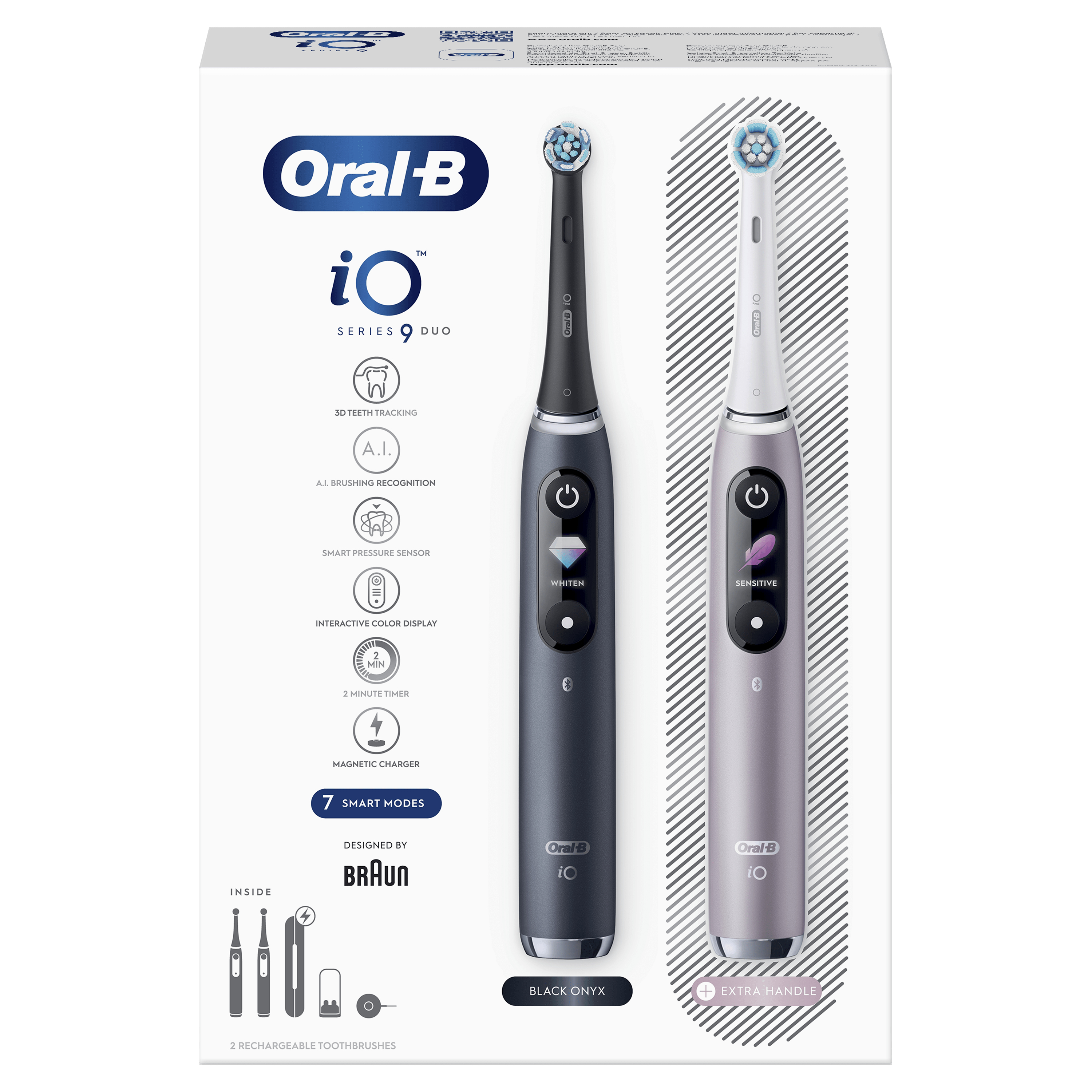 Schachtel mit zwei elektrischen Zahnbürsten Oral-B iO Series 9 Duo. Eine schwarz, eine lila. Merkmale sind intelligente Modi und ein Ladegerät.