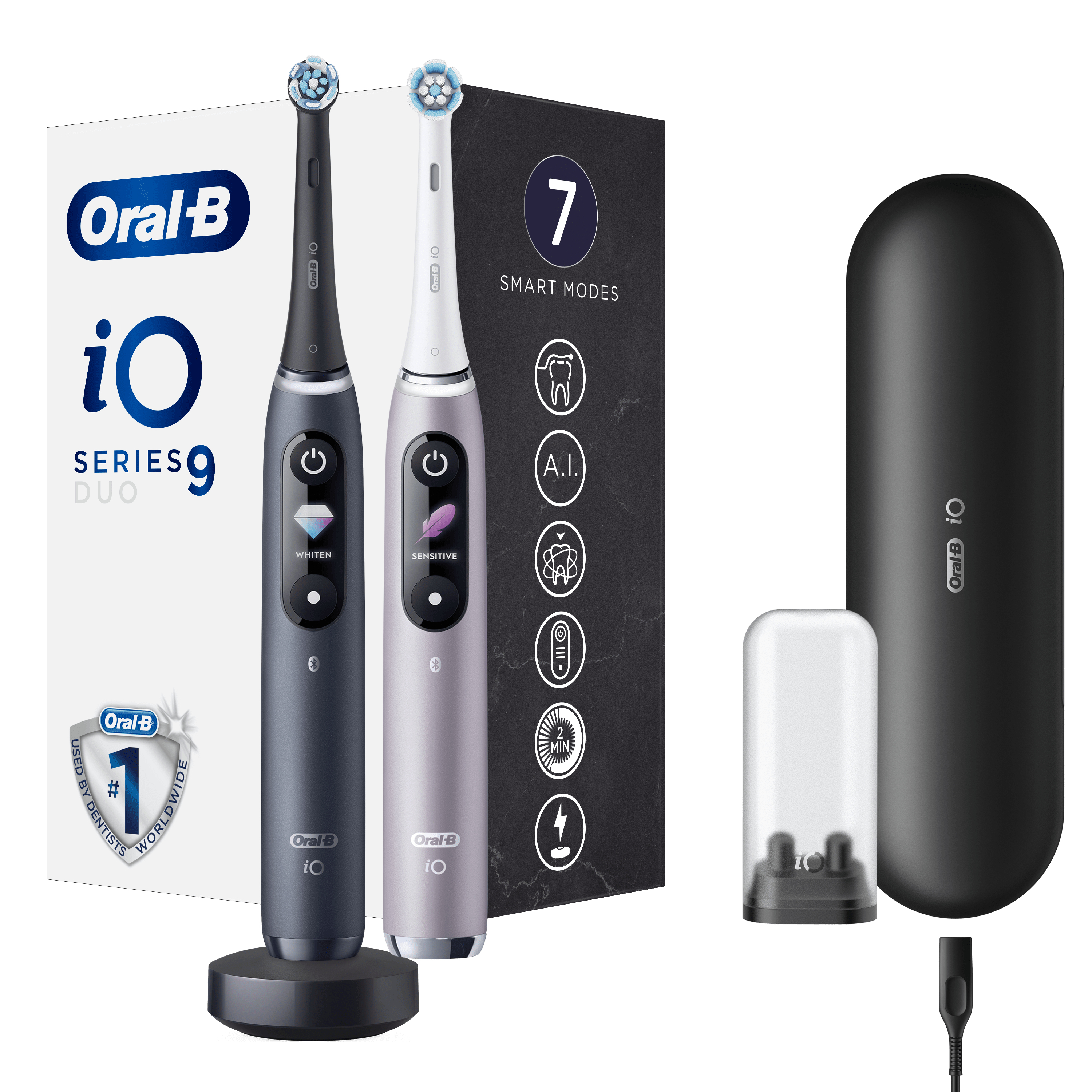 Produktaufnahme von zwei elektrischen Zahnbürsten Oral-B iO Series 9, mit Zubehör und Verpackung.