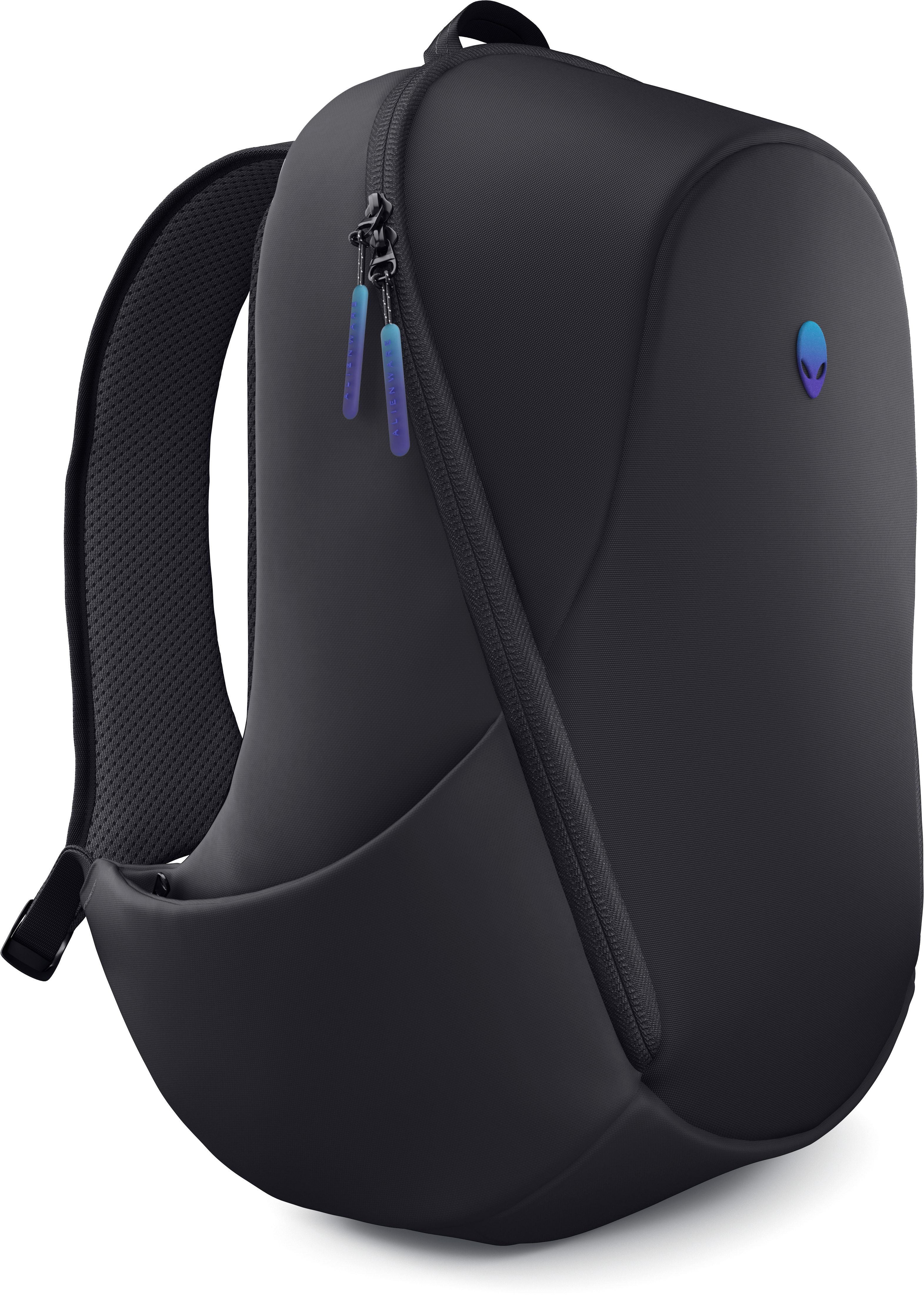 Siyah Alienware sırt çantası, fermuar, mavi ve mor fermuar uçları ve Alienware logosu.