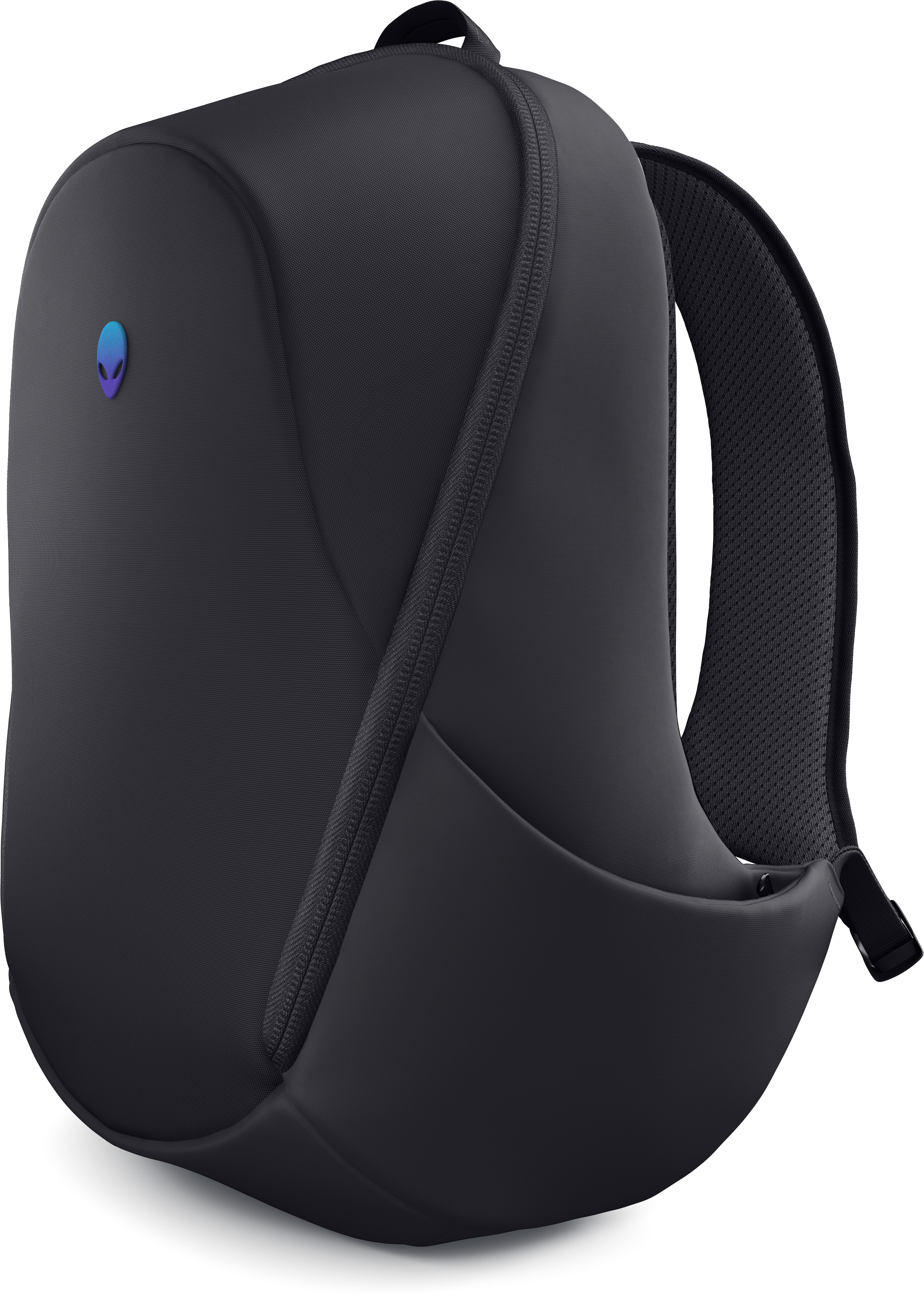 Alienware logosu ve fermuarı olan koyu gri bir sırt çantası. Kavisli kayışları var ve beyaz bir yüzeyde.