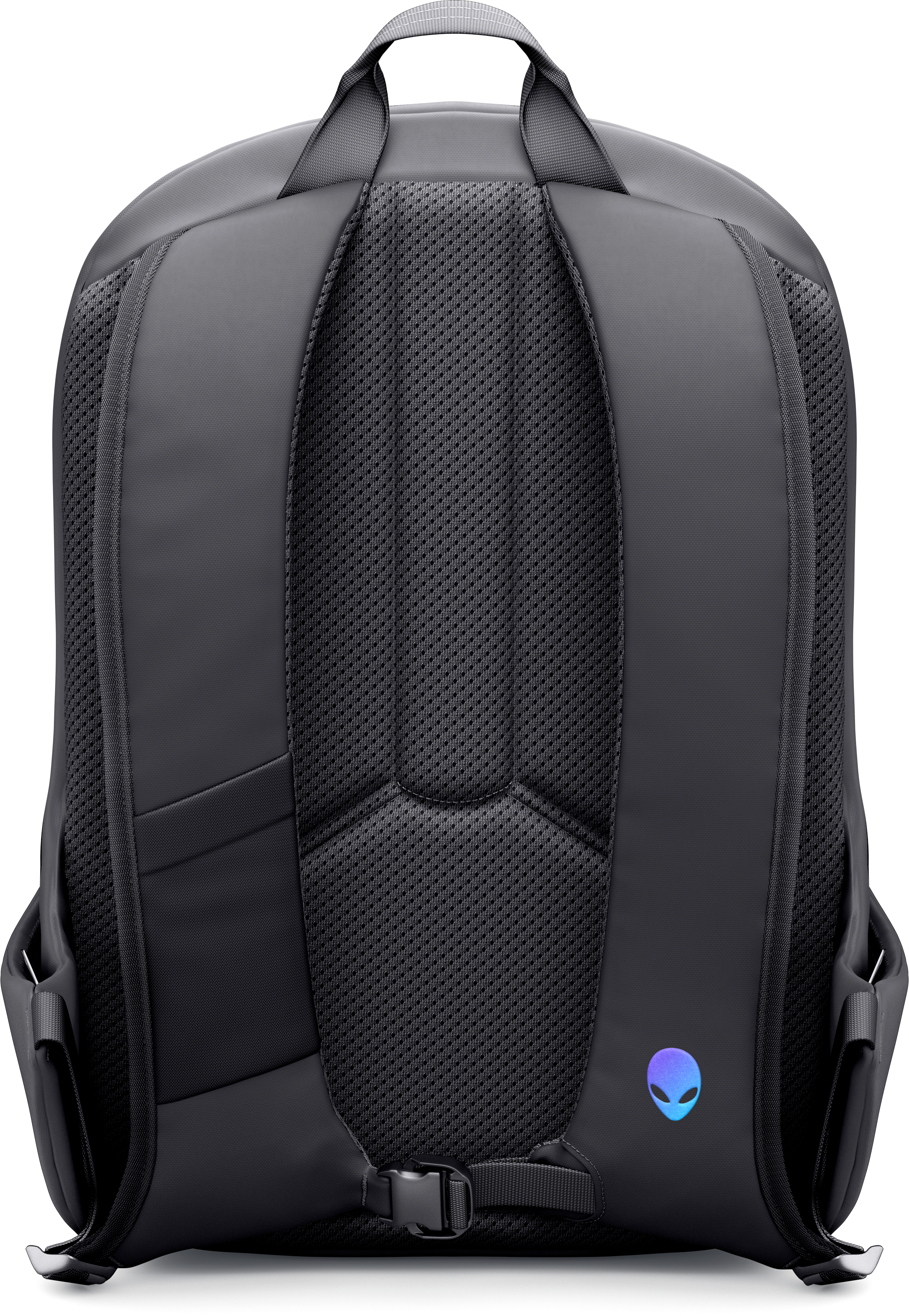 Siyah bir Alienware sırt çantasının arkadan görünümü. File sırt paneli, iki omuz askısı ve üst tutma kolu vardır.