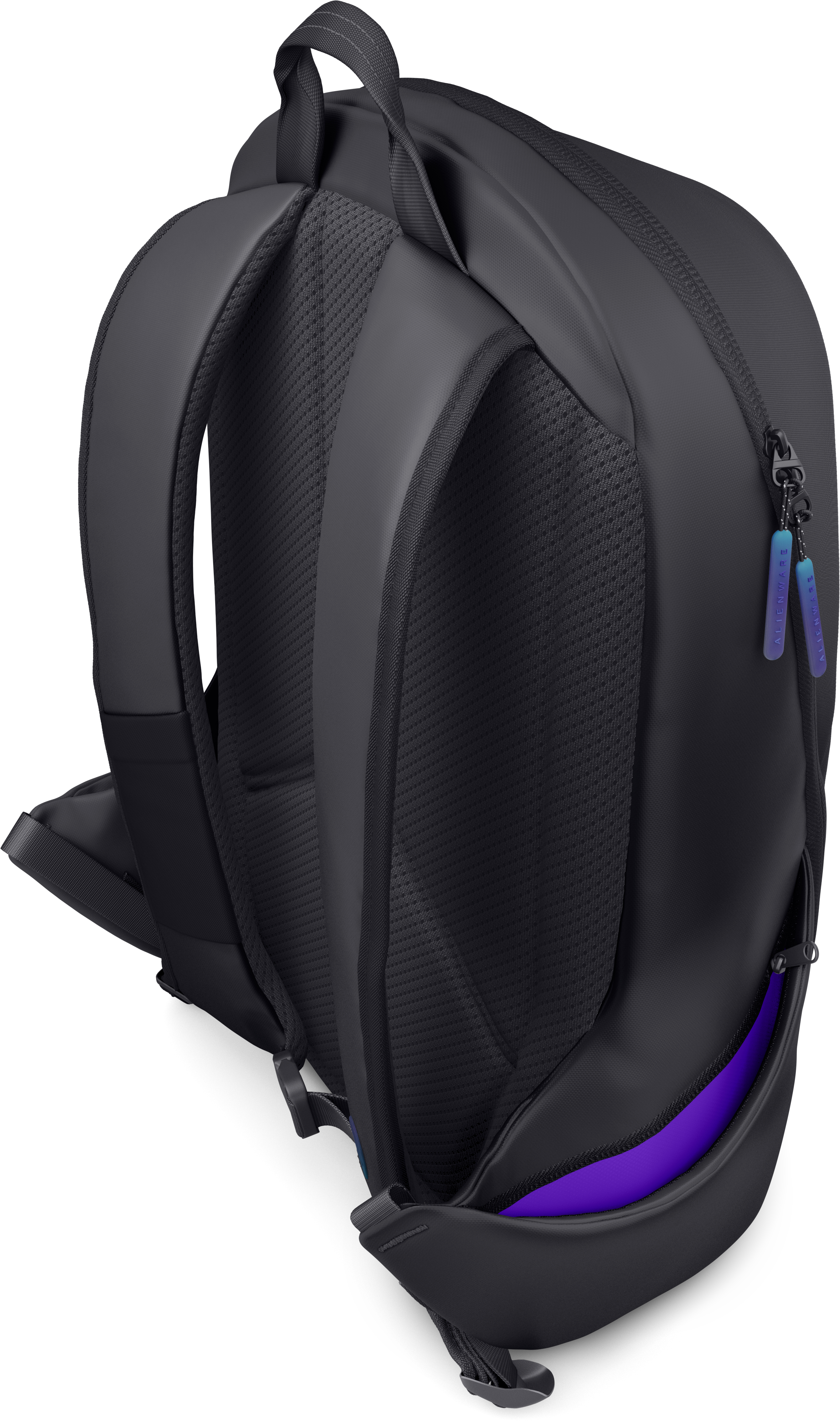 Siyah bir sırt çantası, file arka panel ve mor vurgulara sahip. Fermuar uçlarında 'Alienware' yazısı bulunuyor.