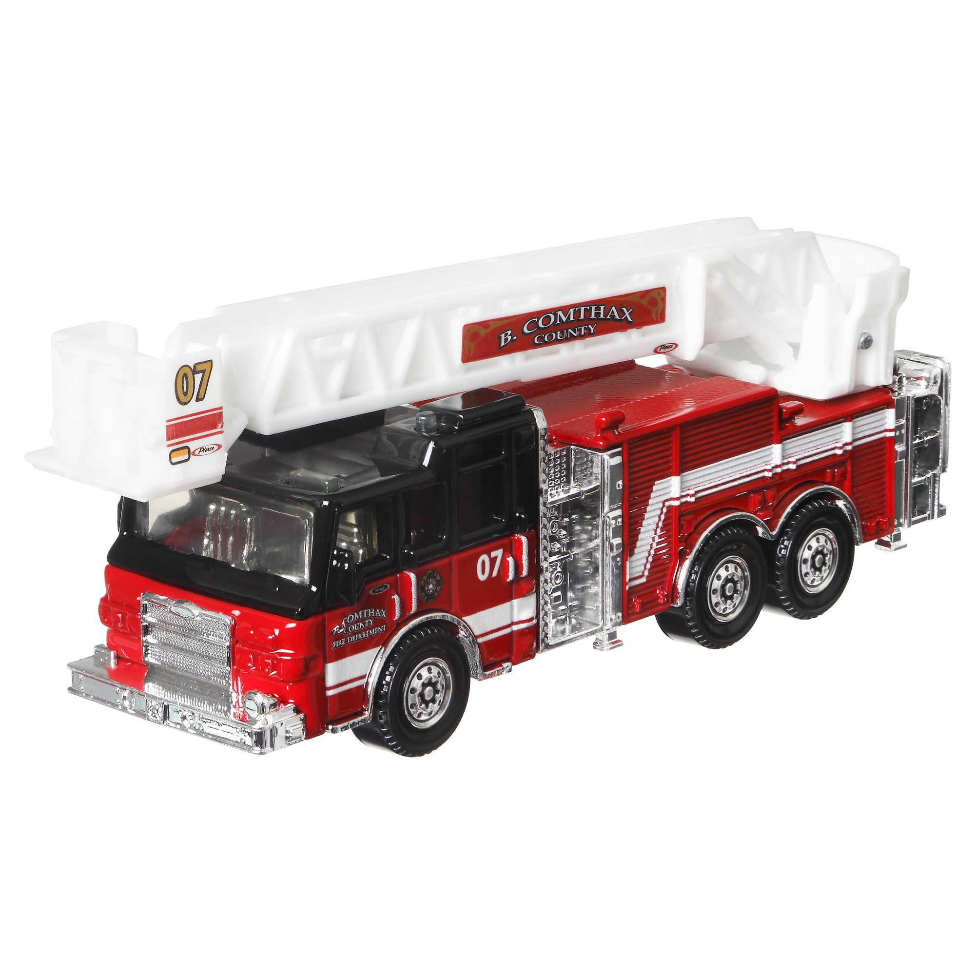 Ein rotes und schwarzes Comthax-Feuerwehrauto-Spielzeug mit einer weißen Leiter. Der LKW hat die Nummer 07 an der Seite.