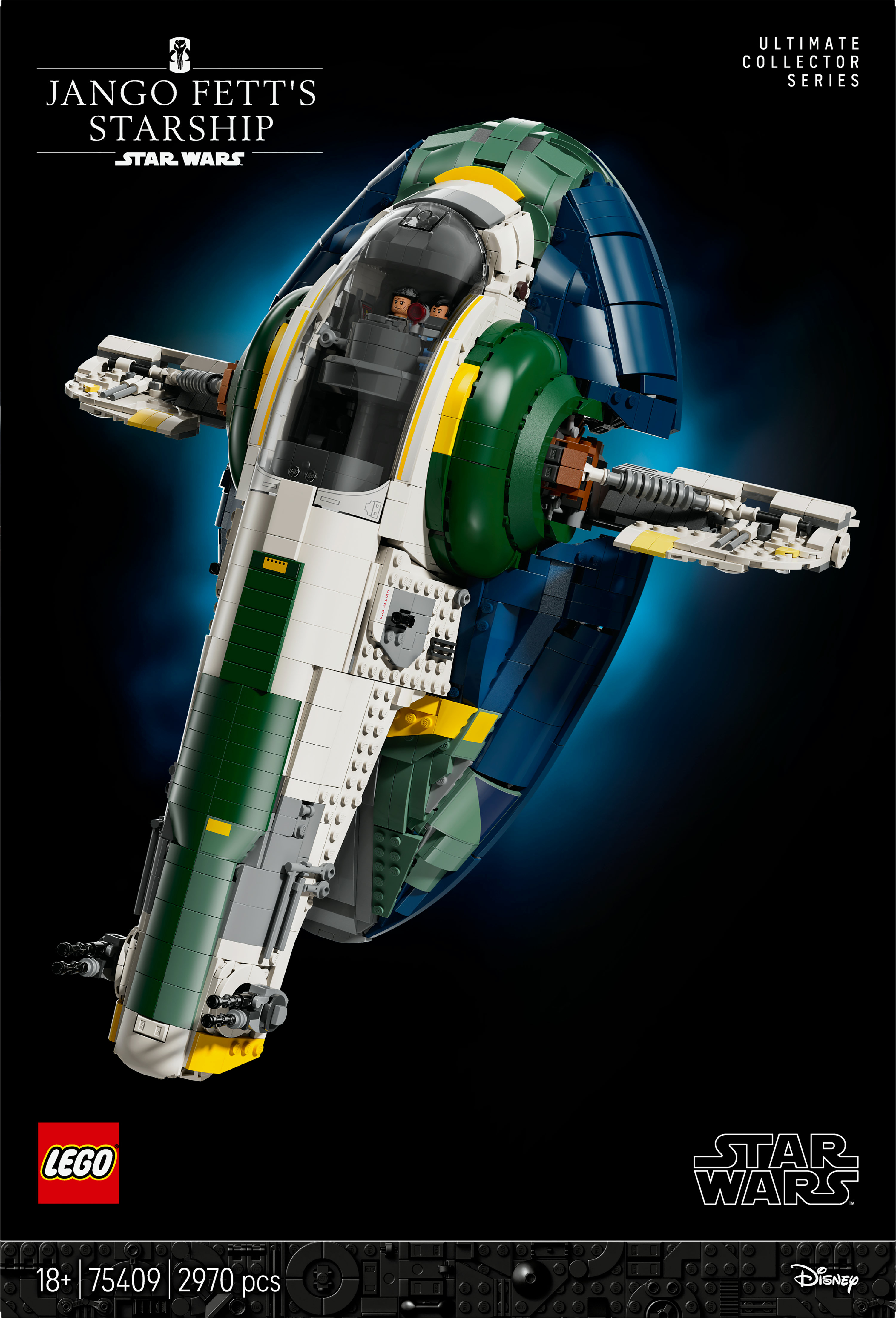Zestaw LEGO Star Wars. Model to Starship Jango Fetta. Jest biały, zielony i żółty na niebieskim tle.