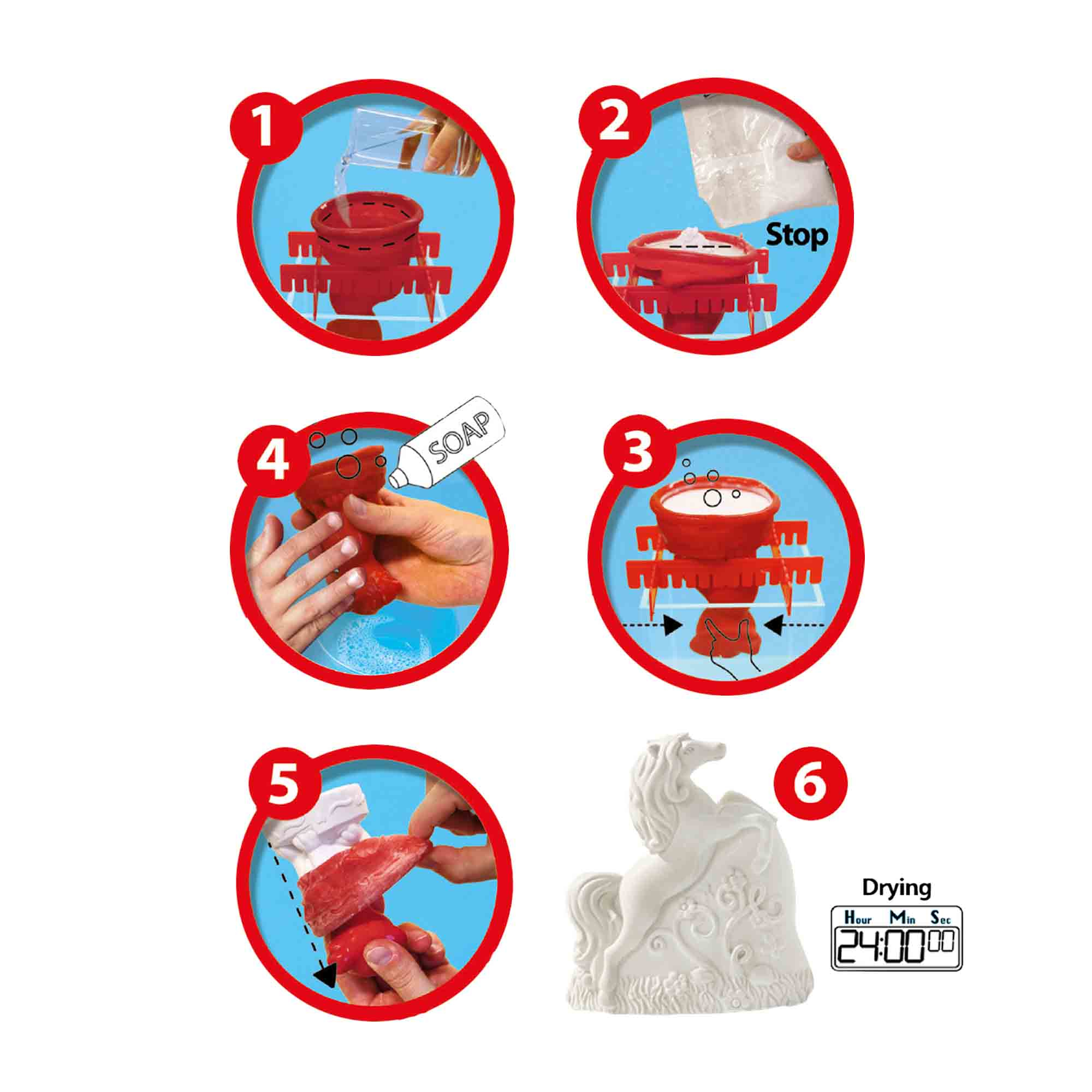 Instrukcje dotyczące tworzenia rzeźby: wlewanie płynu, dodawanie materiału, mieszanie i suszenie figurki jednorożca.