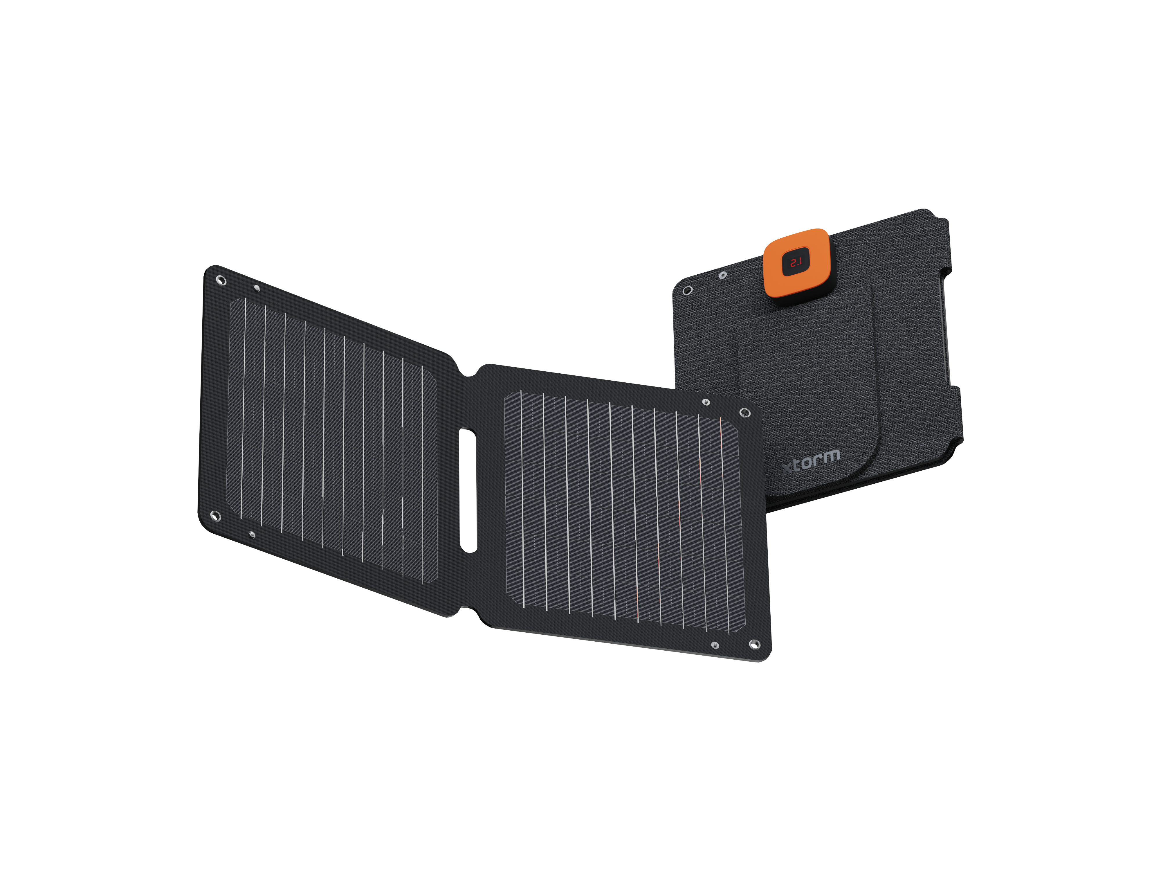 Un pannello solare nero pieghevole con display arancione e custodia nera. Il pannello è aperto e angolato.