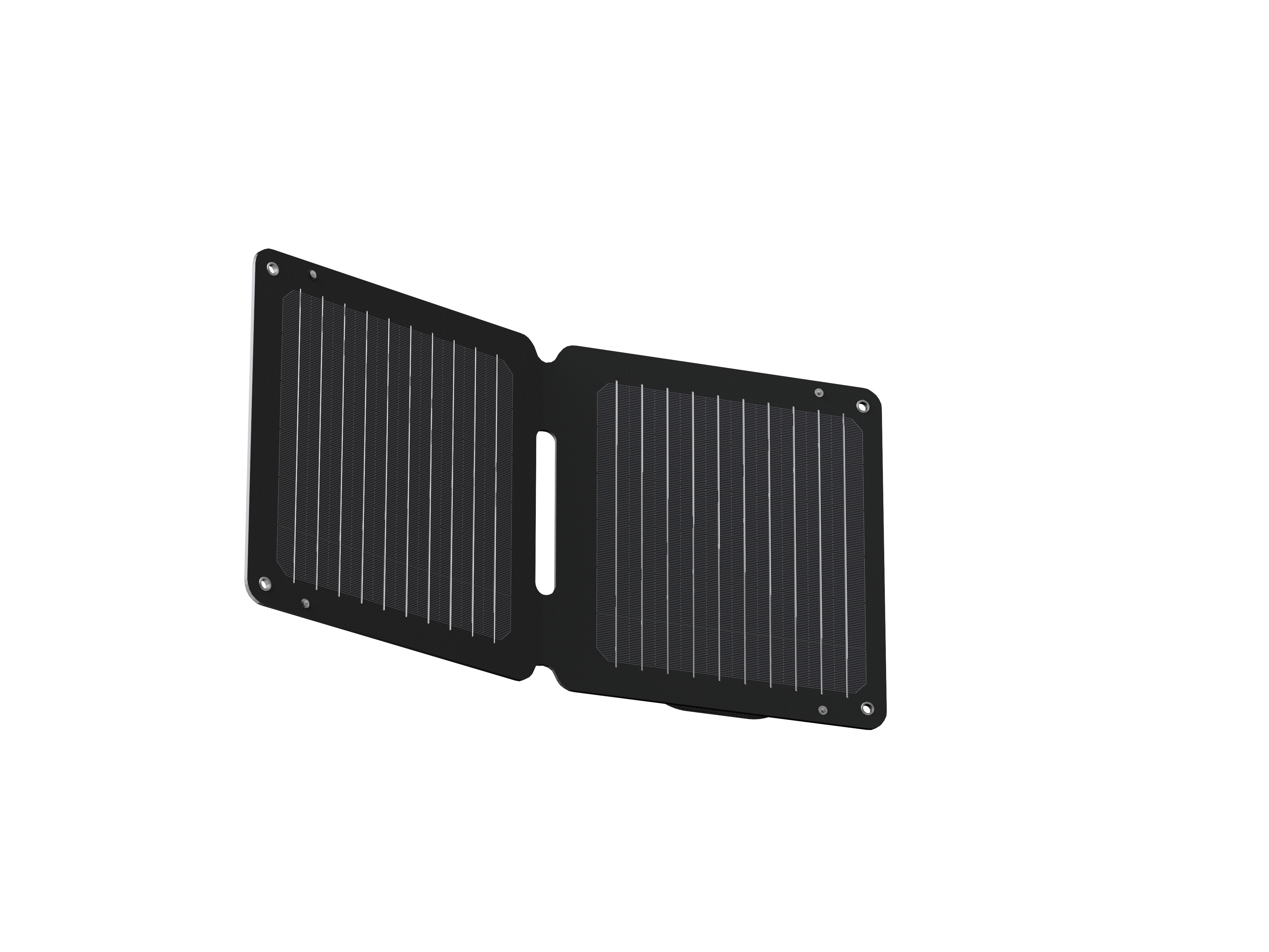 Un dispositivo nero, aperto, rettangolare con linee verticali, cerniere e fori su sfondo bianco.
