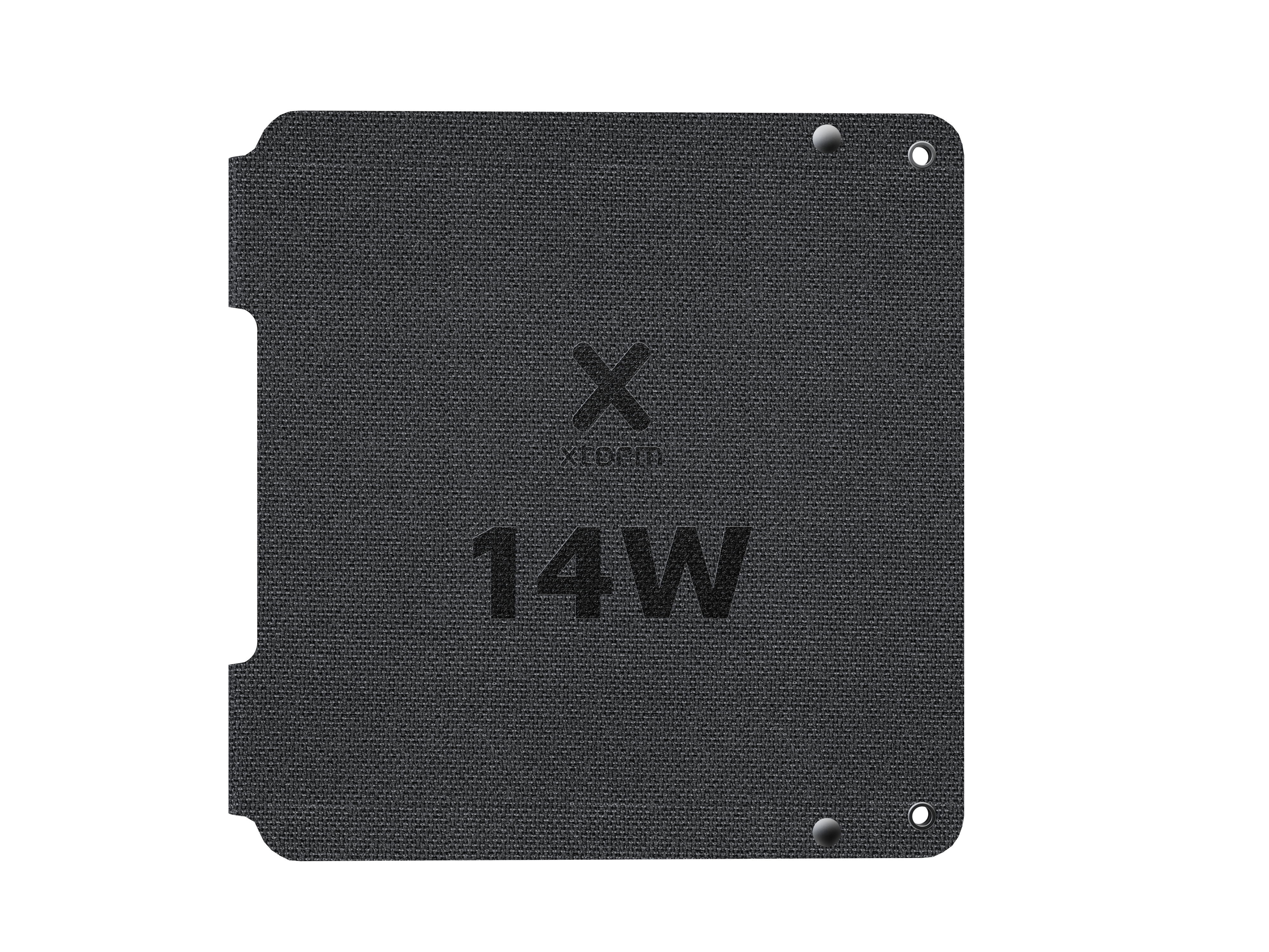 Un pad rettangolare grigio scuro con angoli arrotondati. Ha il testo "X-core 14W" e due rivetti metallici.