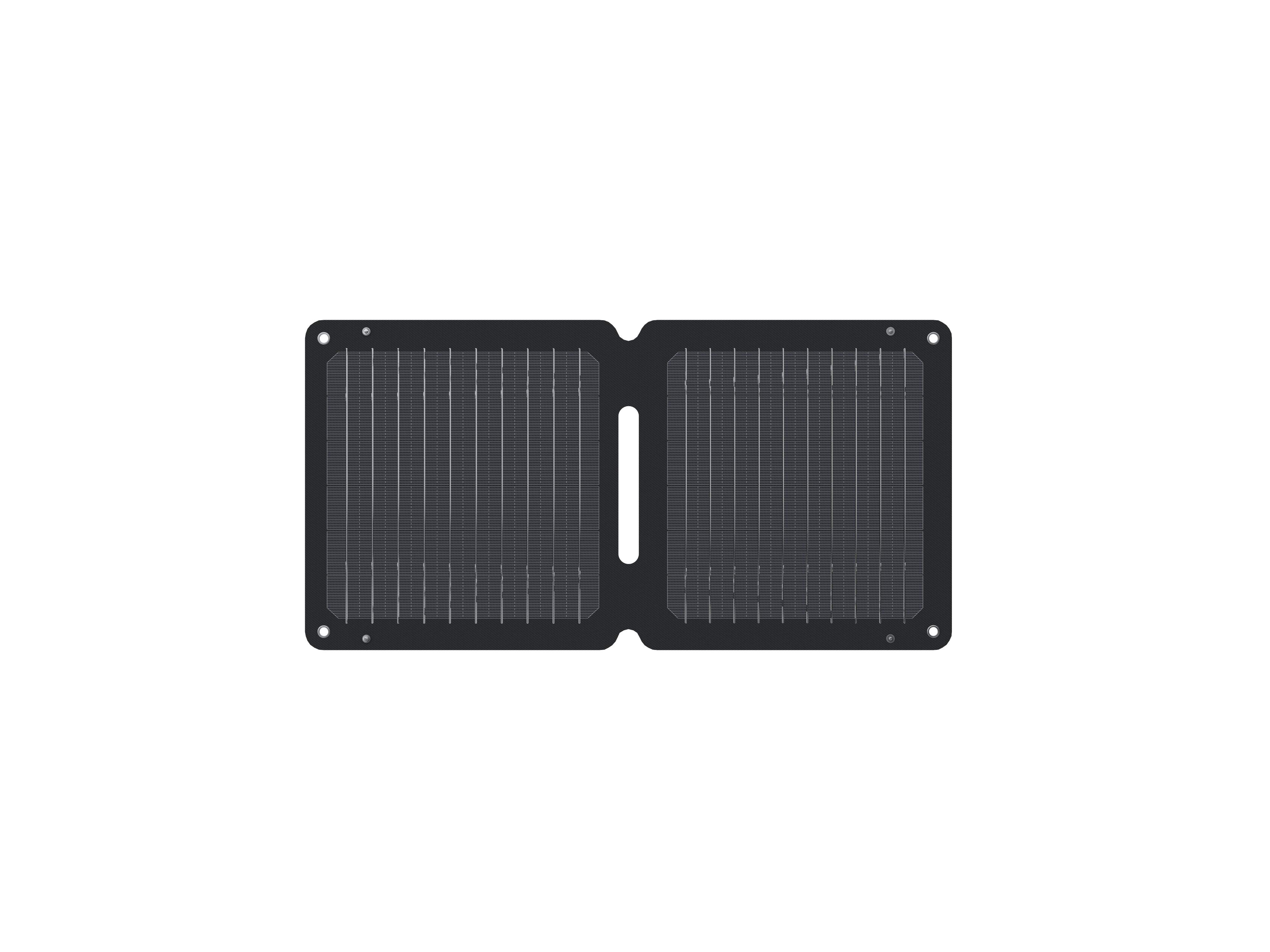 Un pannello solare nero e rettangolare con due sezioni pieghevoli, sfondo bianco.