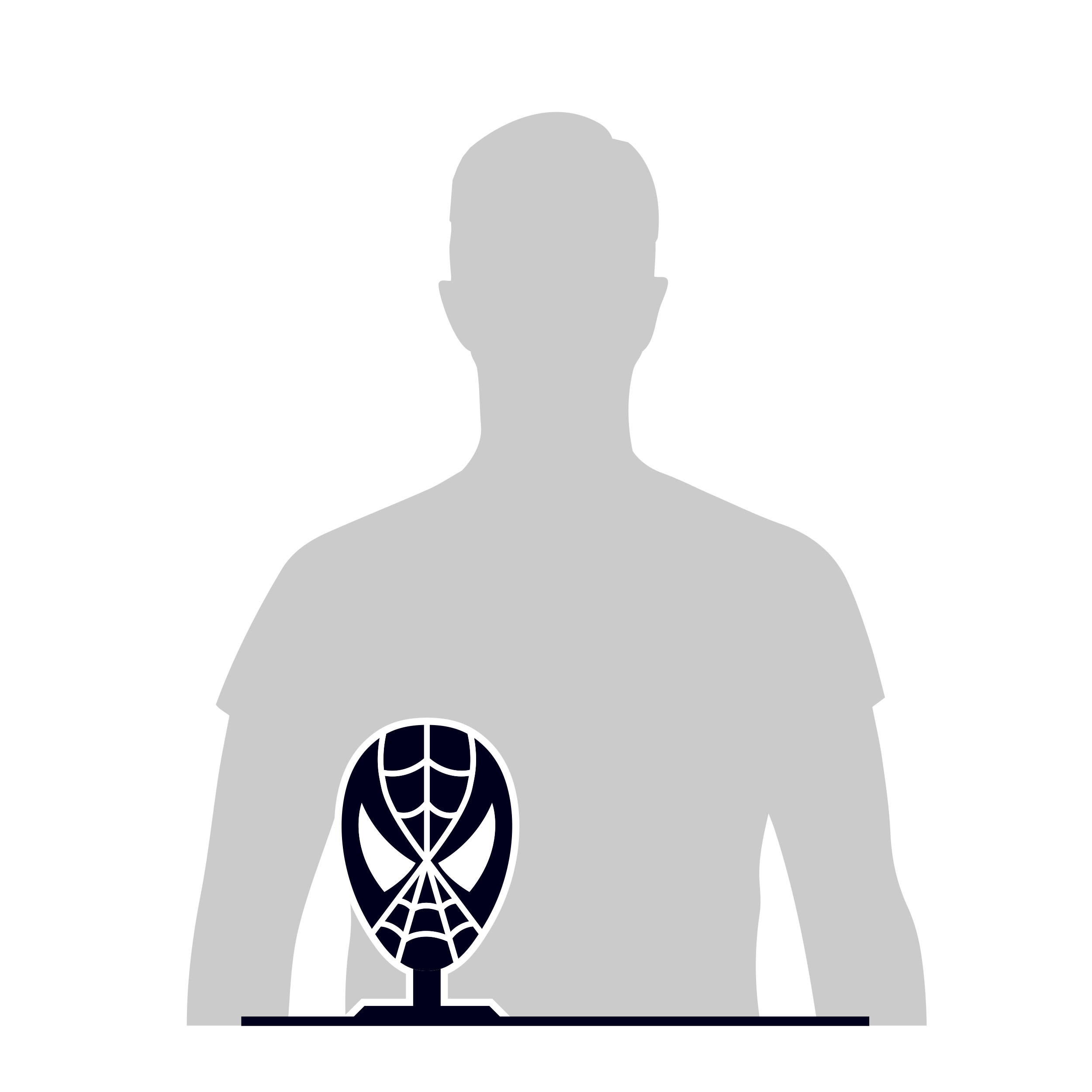 Szara sylwetka osoby z maską Spider-Mana na czarnym stojaku. Białe tło.