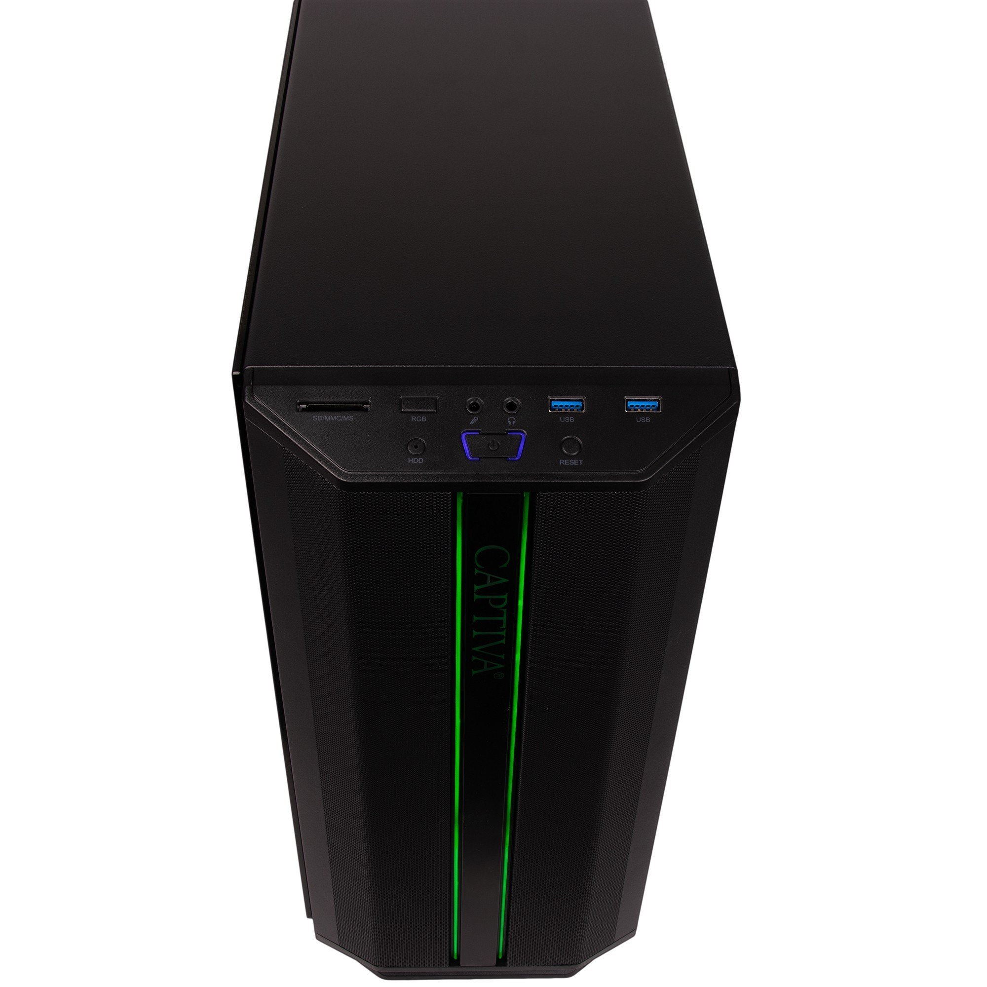 Zwarte computerkast met groene accenten en het woord CAPTIVA. Poorten zijn USB, SD en aan/uit-knoppen.