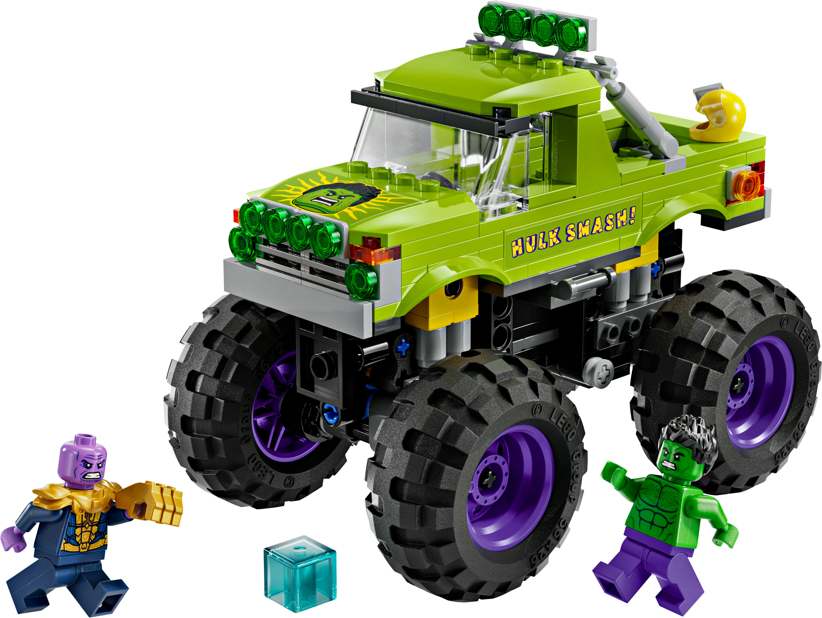 Ciężarówka Lego Hulk Smash z figurkami Hulka i Thanosa. Zielona ciężarówka z dużymi kołami, figurką Hulka i Thanosa.