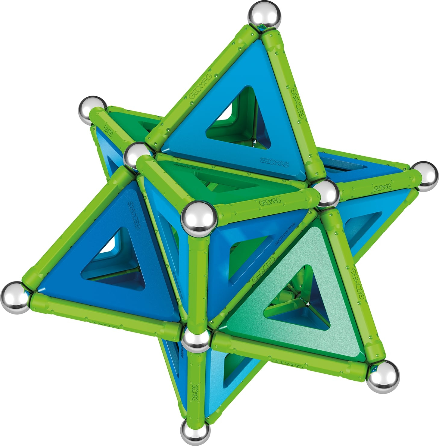 Una costruzione a forma di stella fatta di pezzi magnetici blu, verdi e argentati. La struttura è composta da triangoli e sfere.