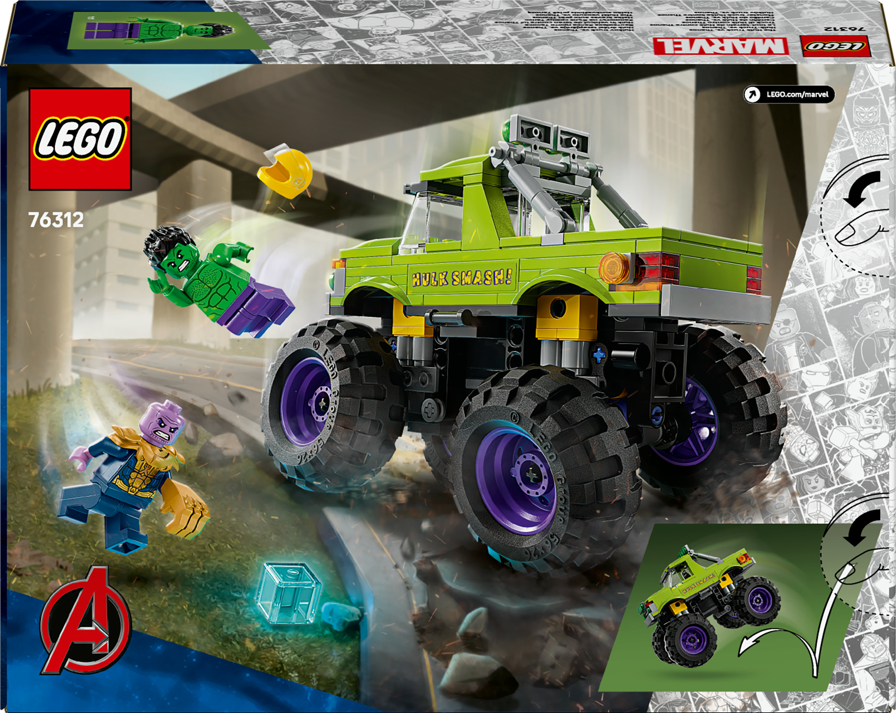 Pudełko zestawu Lego. Zawiera zielony monster truck, minifigurki Hulka i Thanosa. Widoczne jest również logo Avengers.