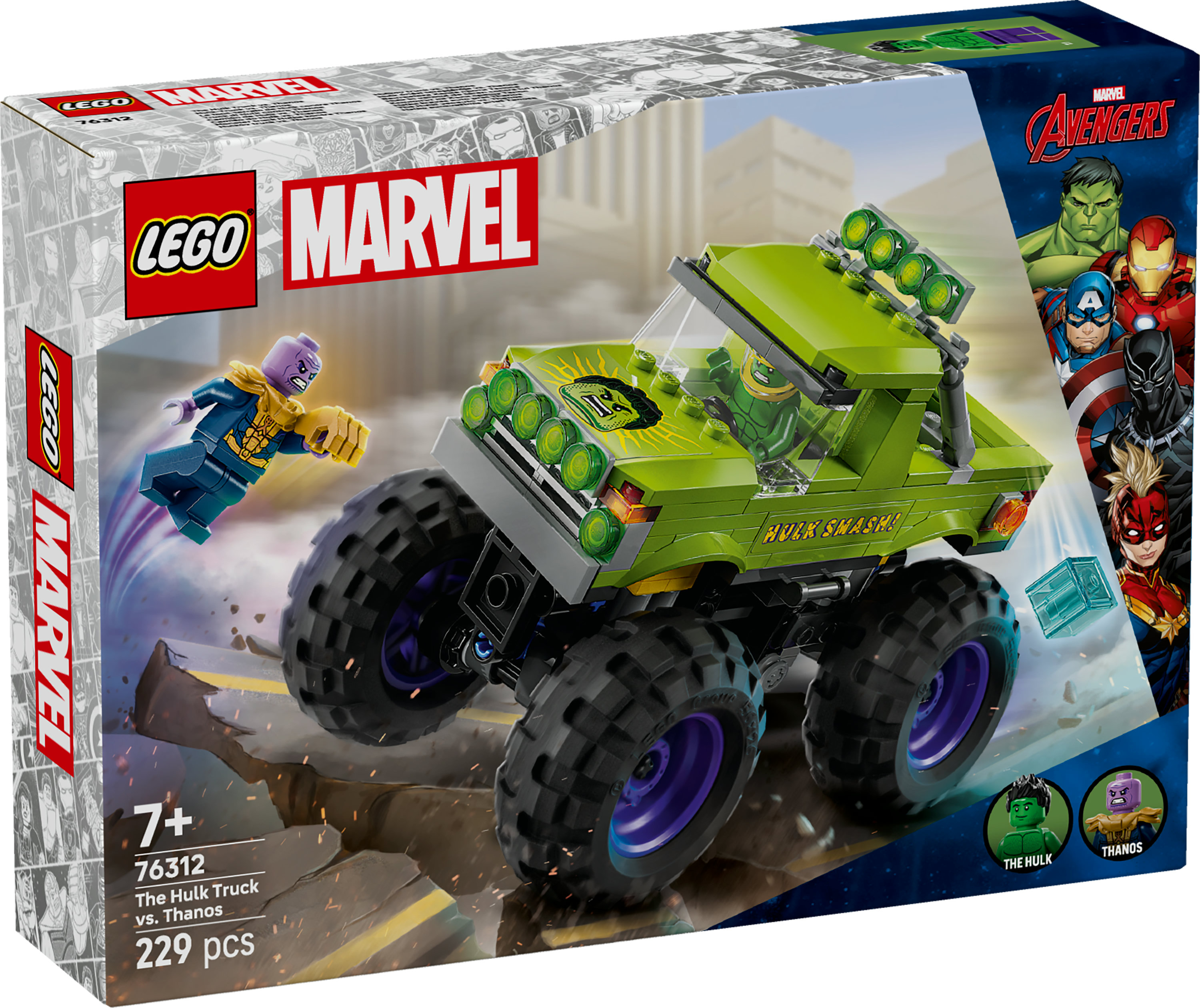 Pudełko Lego: Hulk Truck kontra Thanos. Zielona ciężarówka z czarnymi kołami. Thanos leci w jej kierunku. Logo Avengers z boku.