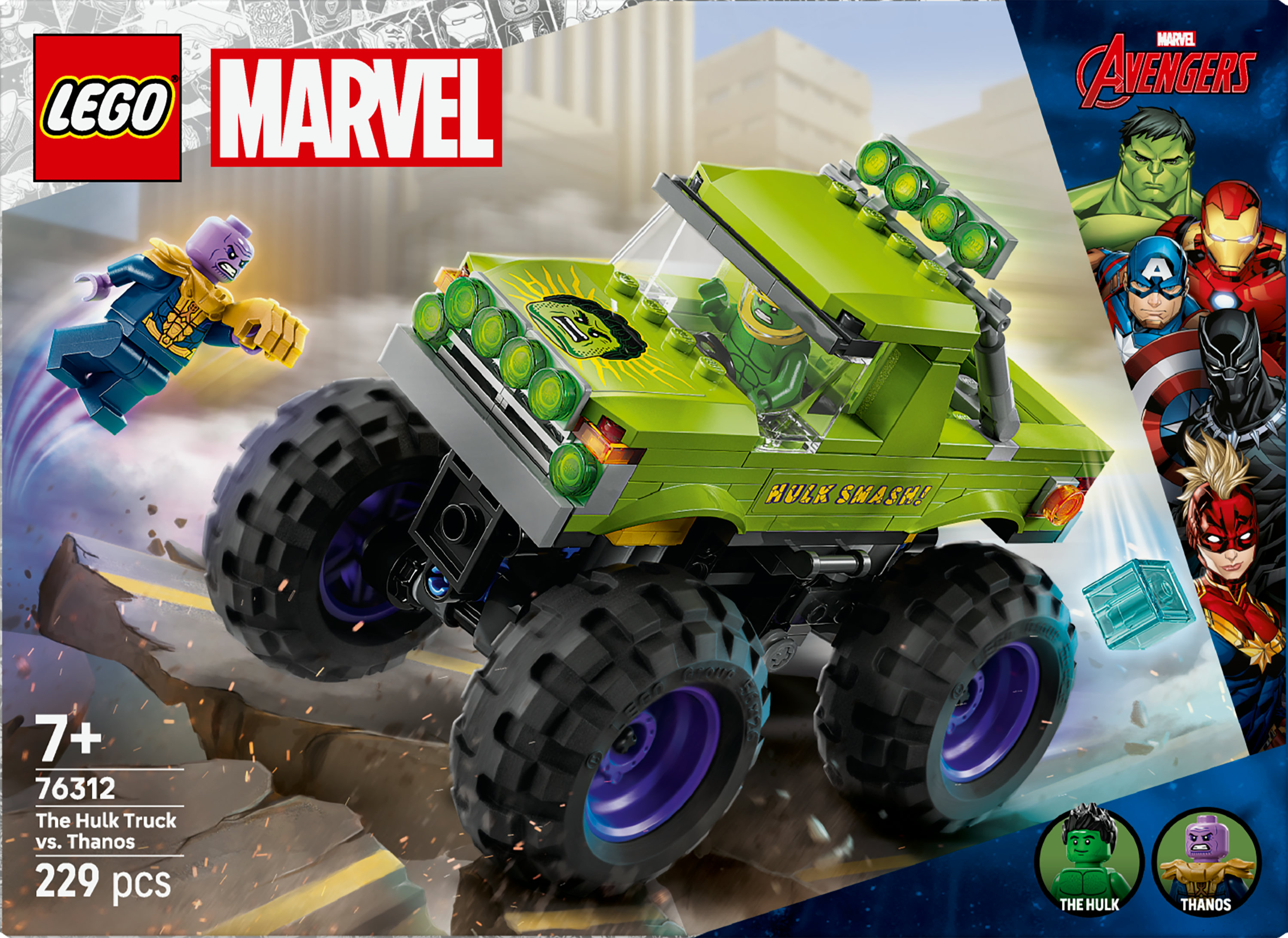 Pudełko zestawu Lego The Hulk Truck vs. Thanos. Ciężarówka Hulka jest zielona i czarna. Minifigurki Thanosa i Hulka.
