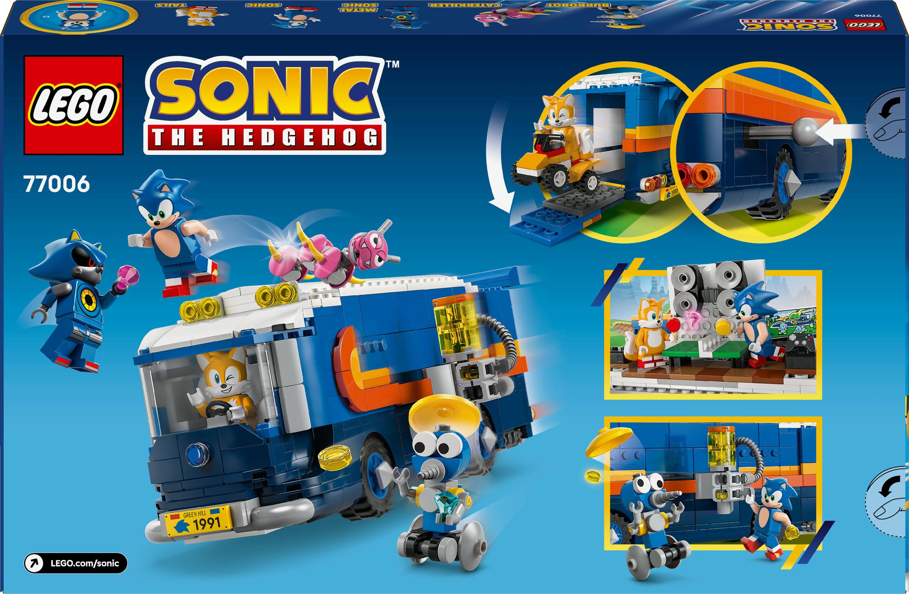 Set LEGO Sonic The Hedgehog. Include personaggi e un camion blu. Sonic, Tails e altri personaggi sono presenti.