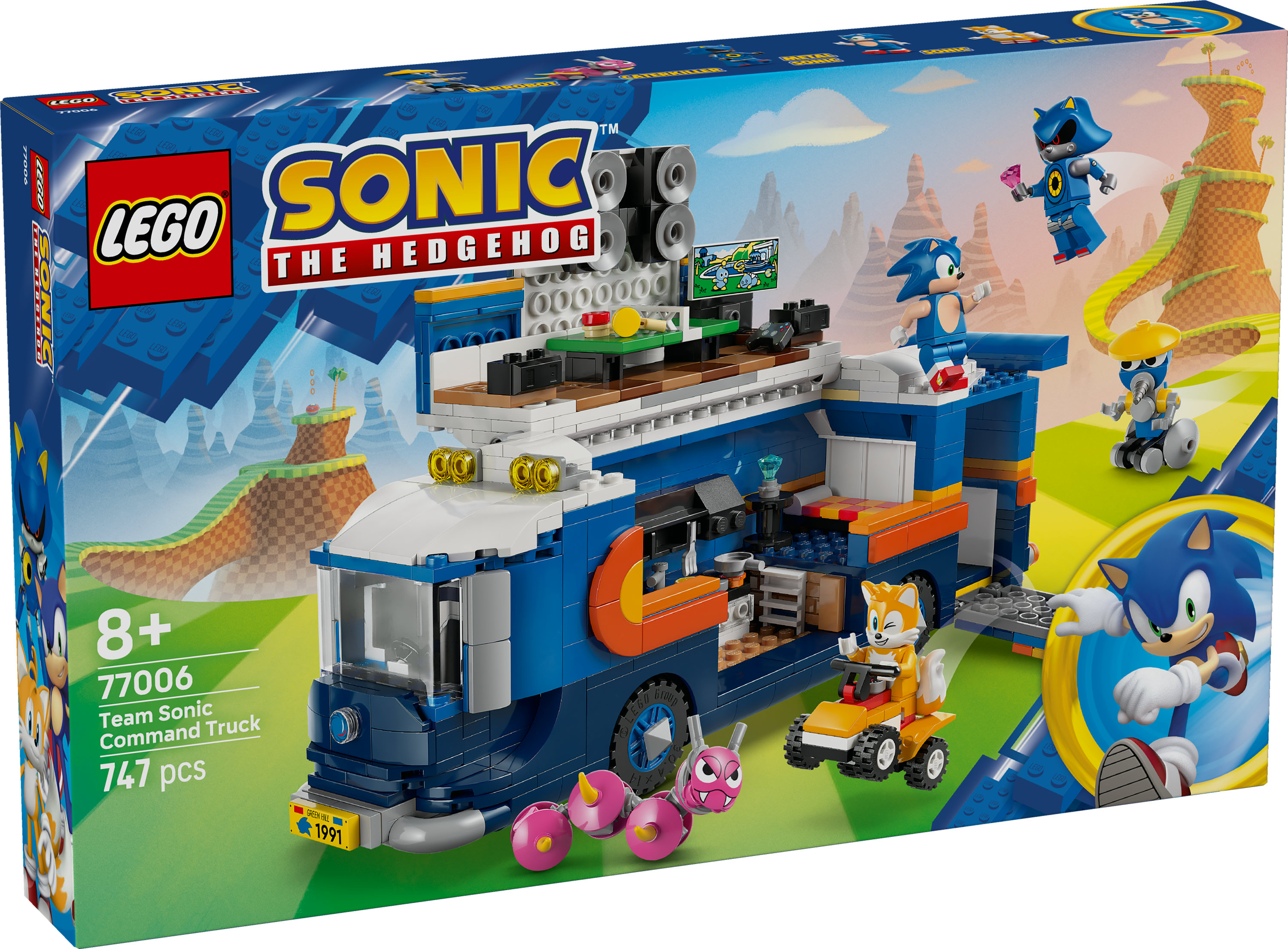 Set Lego Sonic the Hedgehog. Camion blu con Sonic, Tails e robot. Sfondo Green Hill Zone.