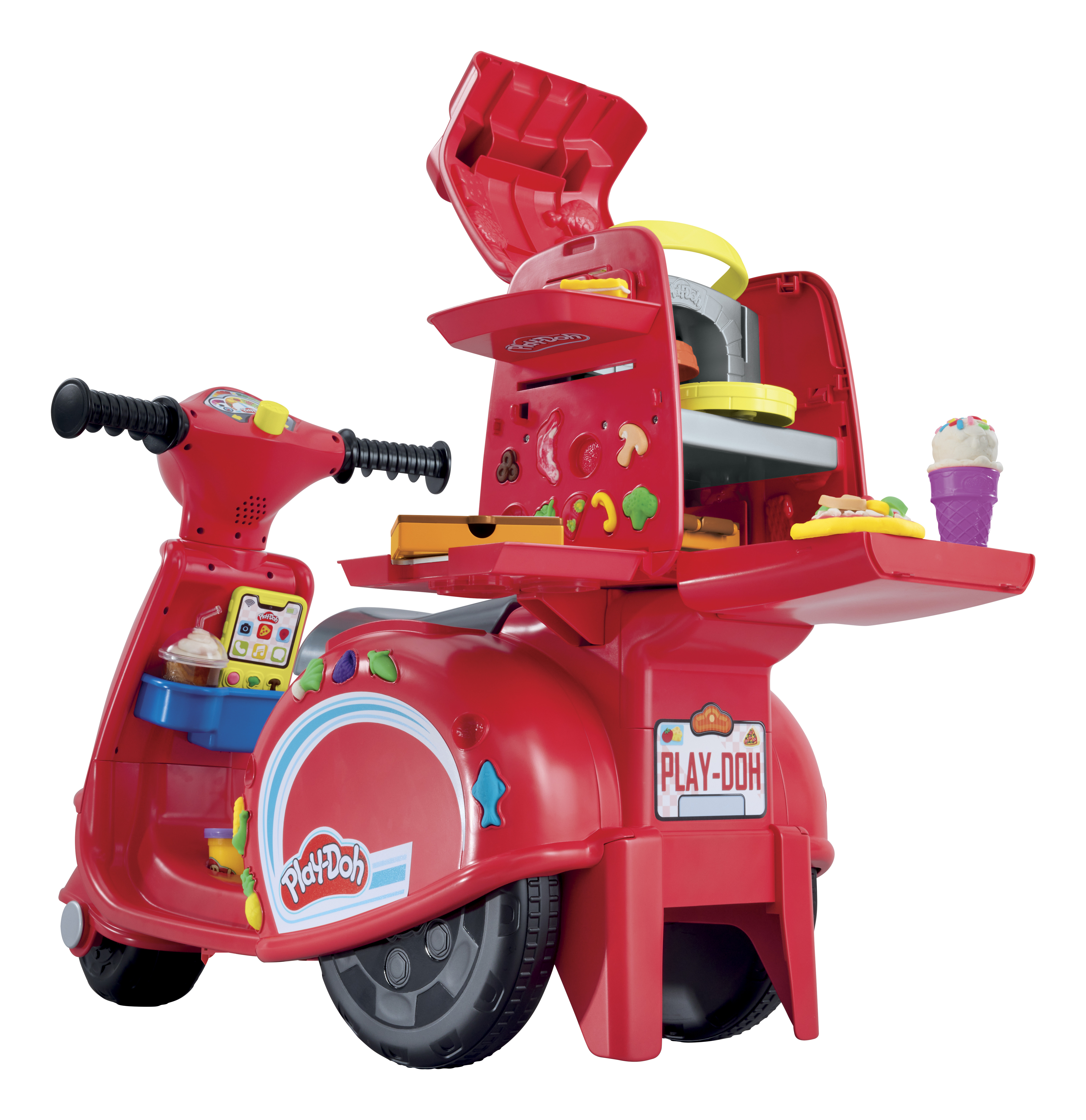 Un scooter de juguete Play-Doh rojo con zona de preparación de alimentos, incluyendo pizza, helado y otros modelos.