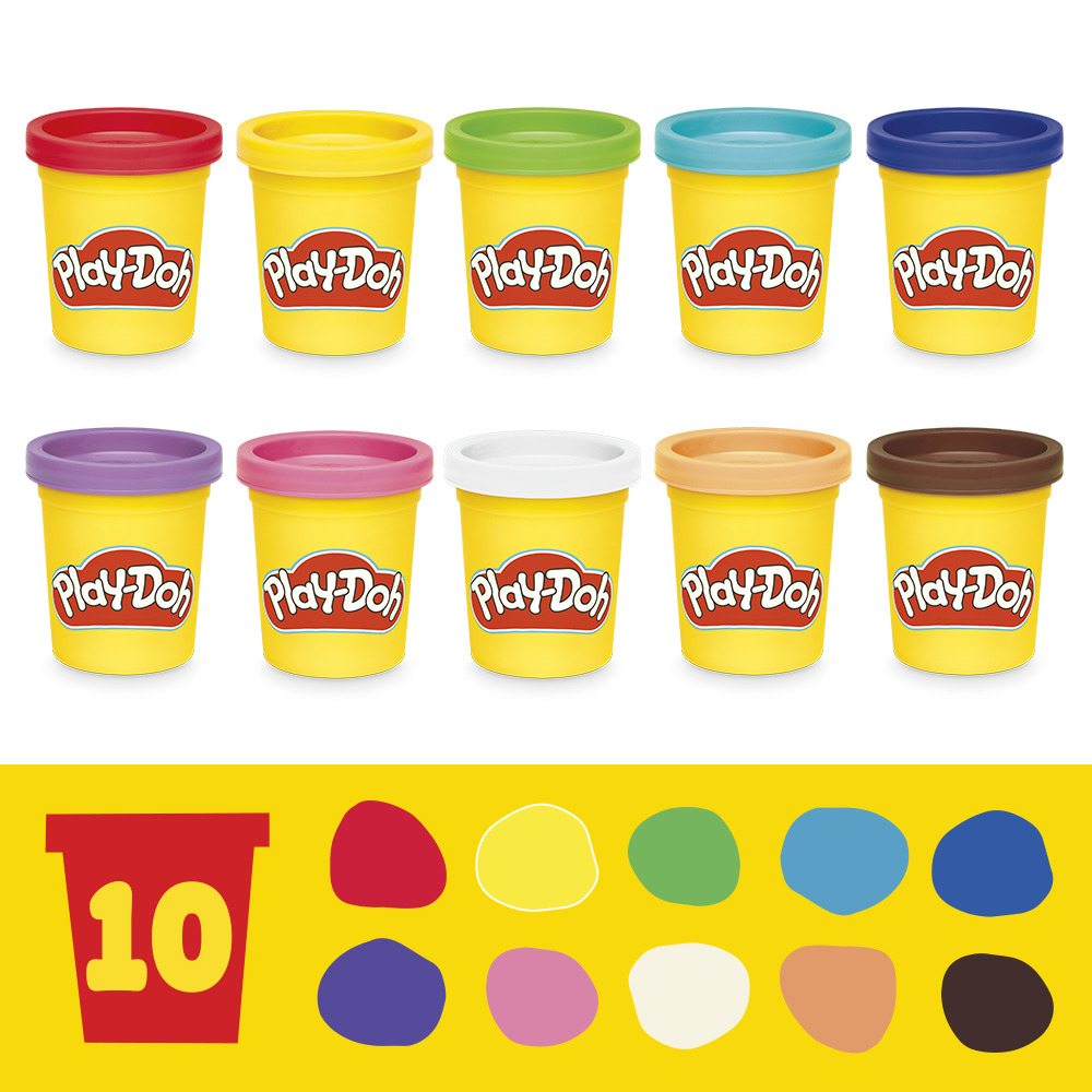 Die imagen muestra diez recipientes de Play-Doh con tapas de diferentes colores. Abajo, diez manchas de Play-Doh de varios colores y un recipiente rojo con el número 10.