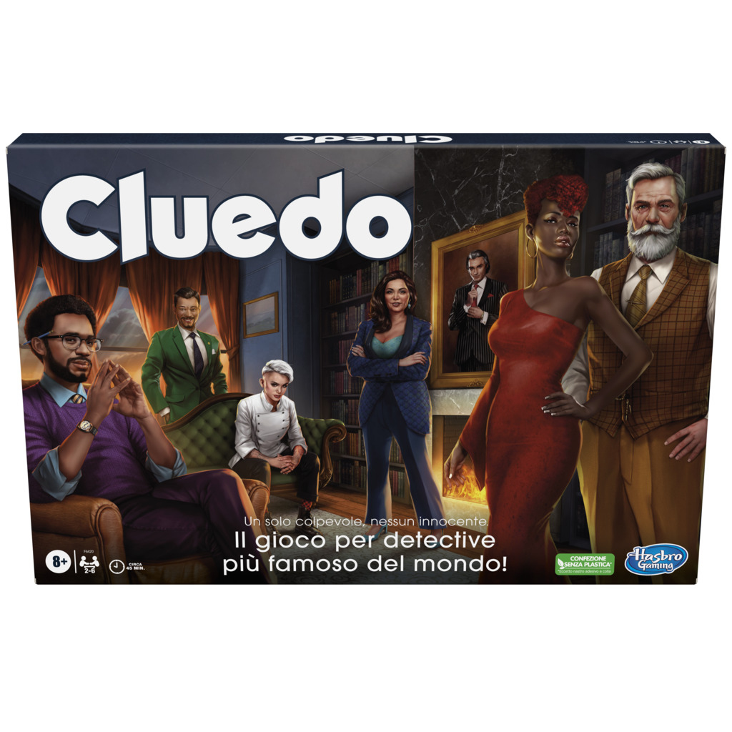 Pudełko gry planszowej Cluedo. Postacie w pokoju, z logo Cluedo u góry. Tekst w języku włoskim na dole.