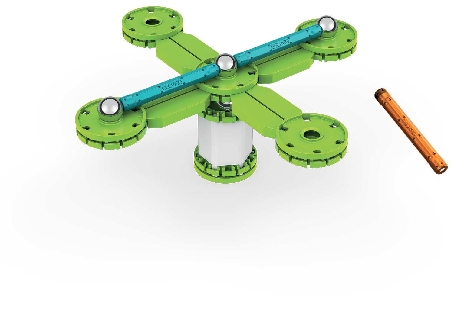 Una struttura Geomag verde e turchese con sfere argentate e un'asta arancione. La struttura ha una base bianca.
