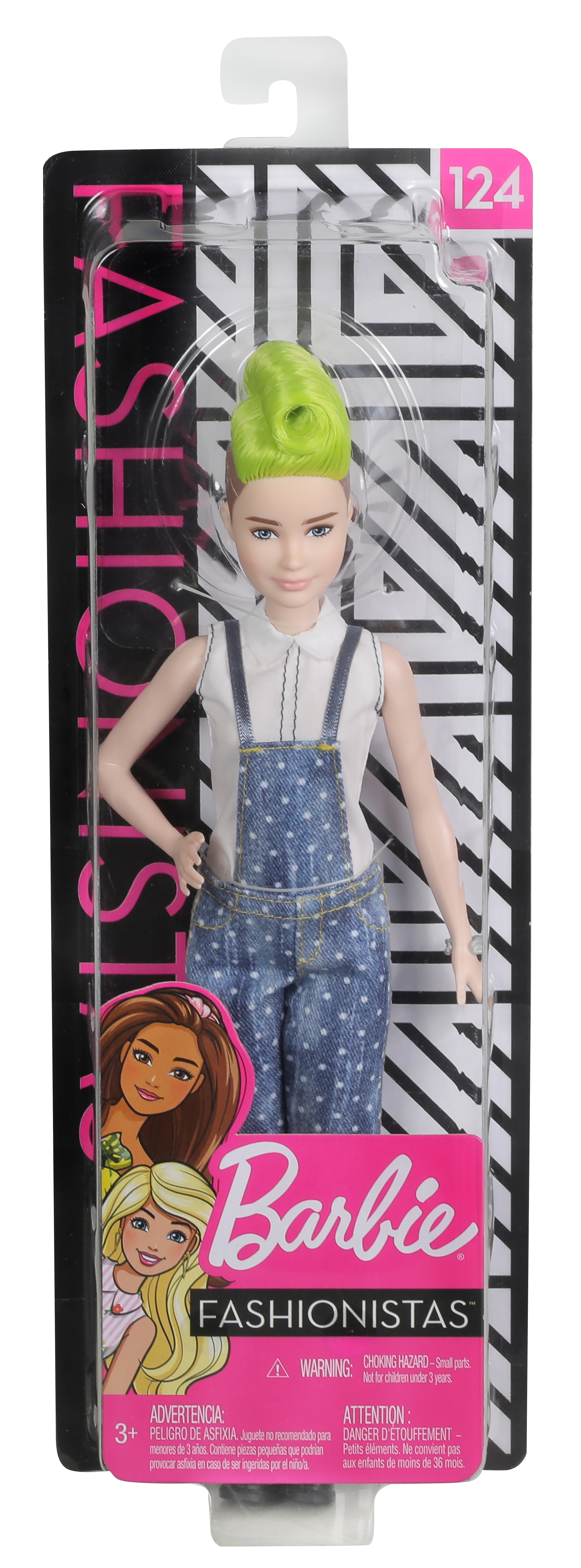 Barbie-Puppe in Jeans-Latzhose und grünen Haaren, in einer transparenten Plastikverpackung mit schwarz-weißem Hintergrund.